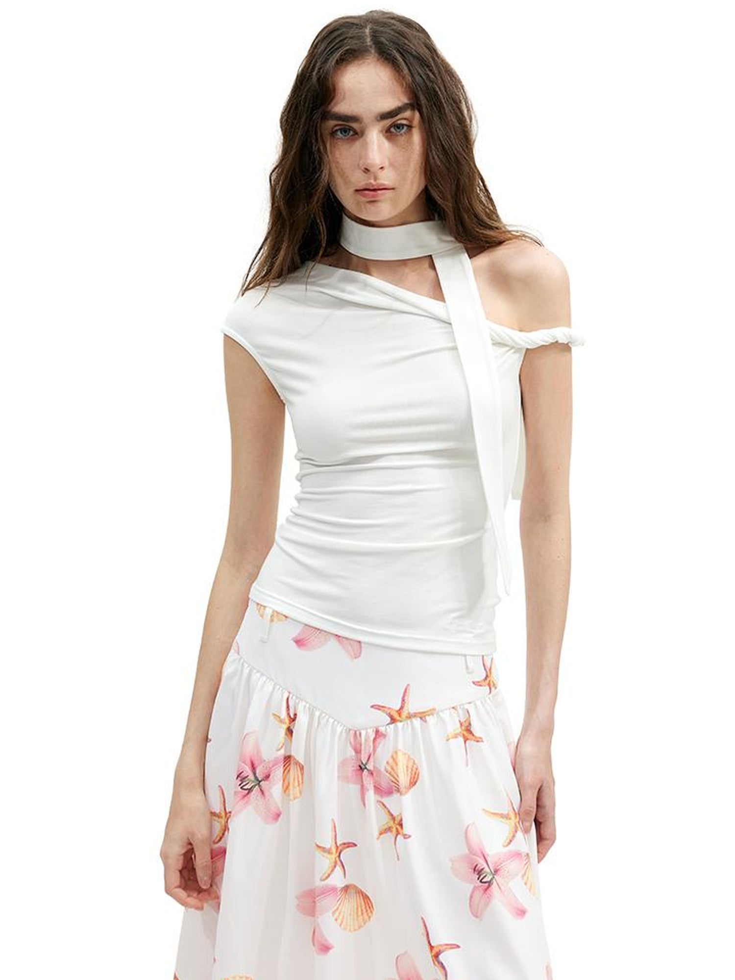 Asymmetric Knot Sleeve T-shirt With Adjustable Tie