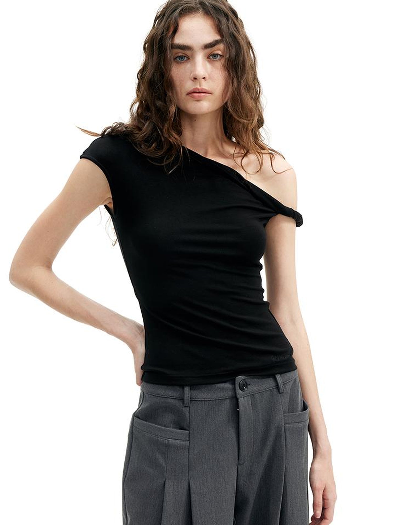 Asymmetric Knot Sleeve T-shirt With Adjustable Tie