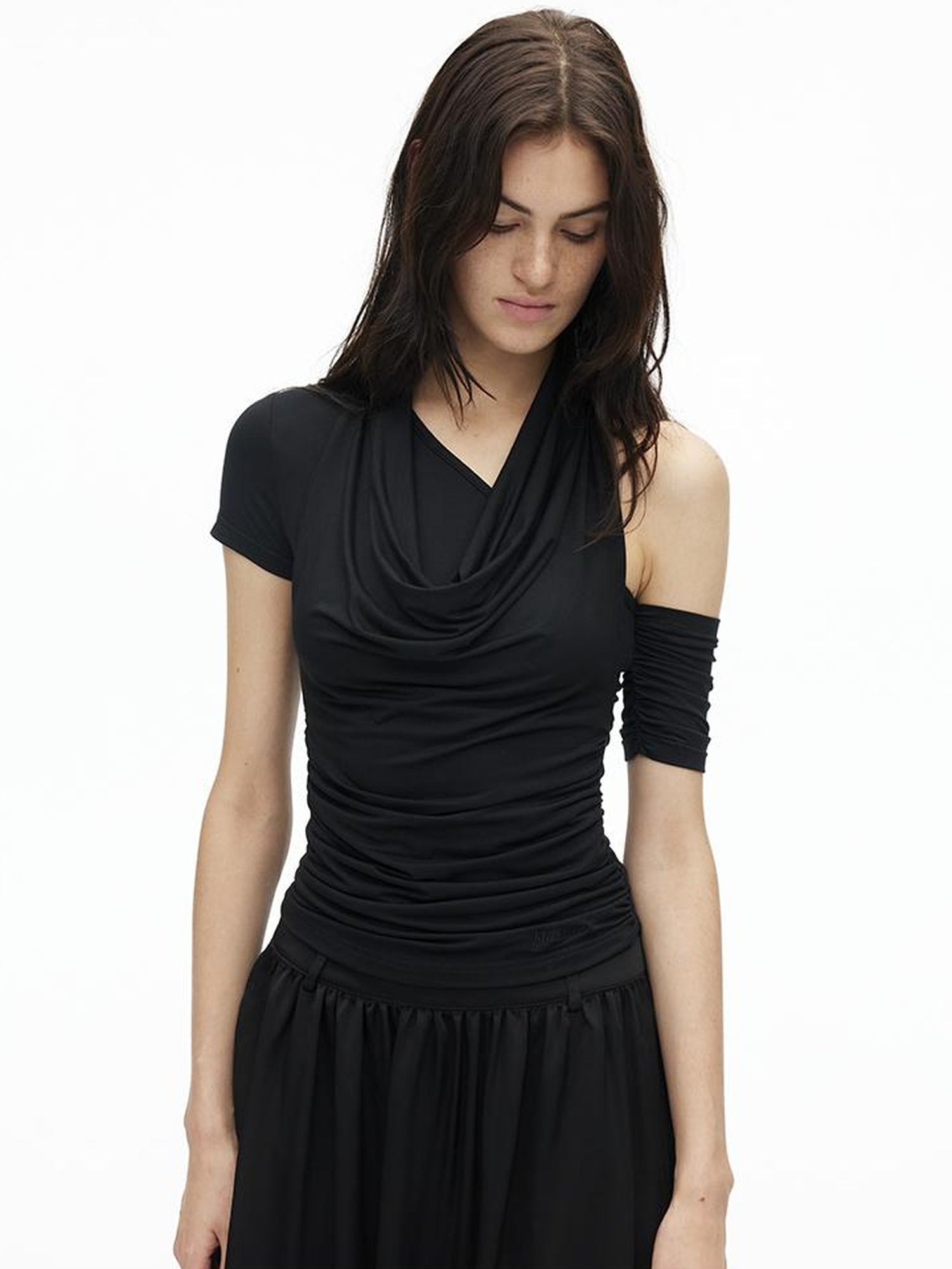 AFTADAWN Asymmetric Neckline Layered Ruffle Hem T-shirt