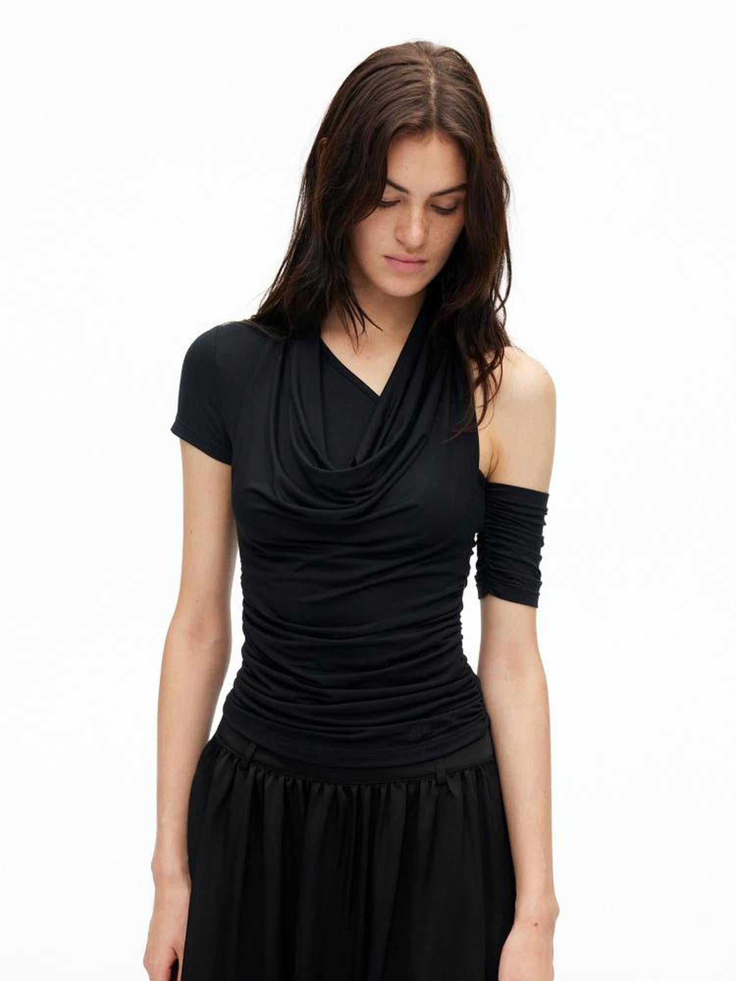 AFTADAWN Asymmetric Neckline Layered Ruffle Hem T-shirt