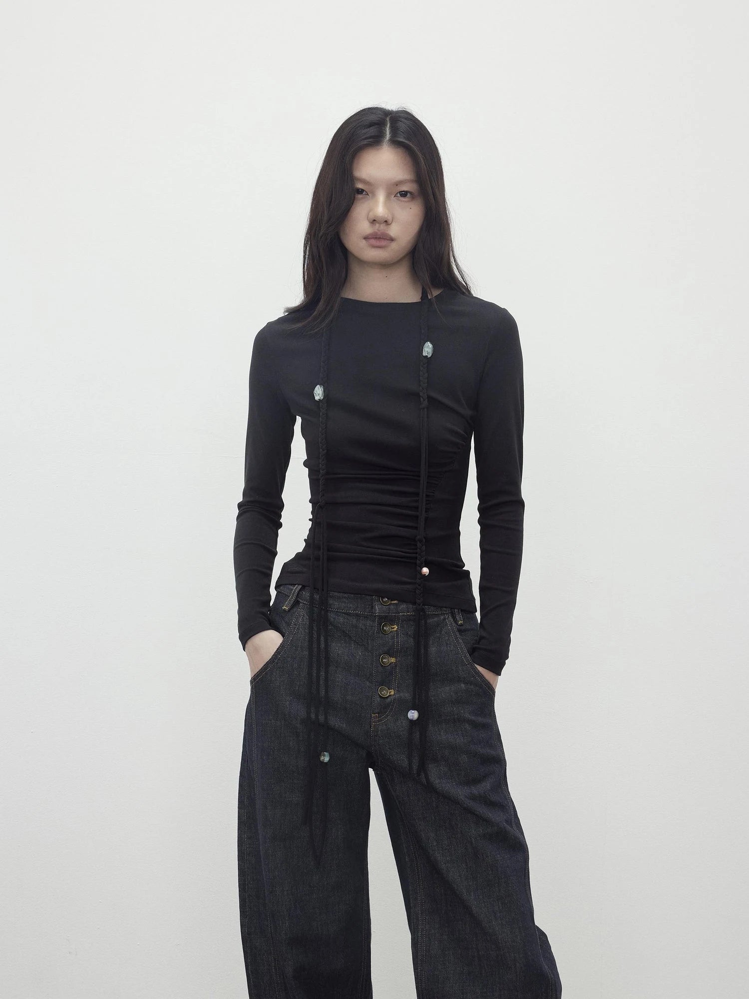 Asymmetric Neckline Pleated Top With Detachable Beaded Tie