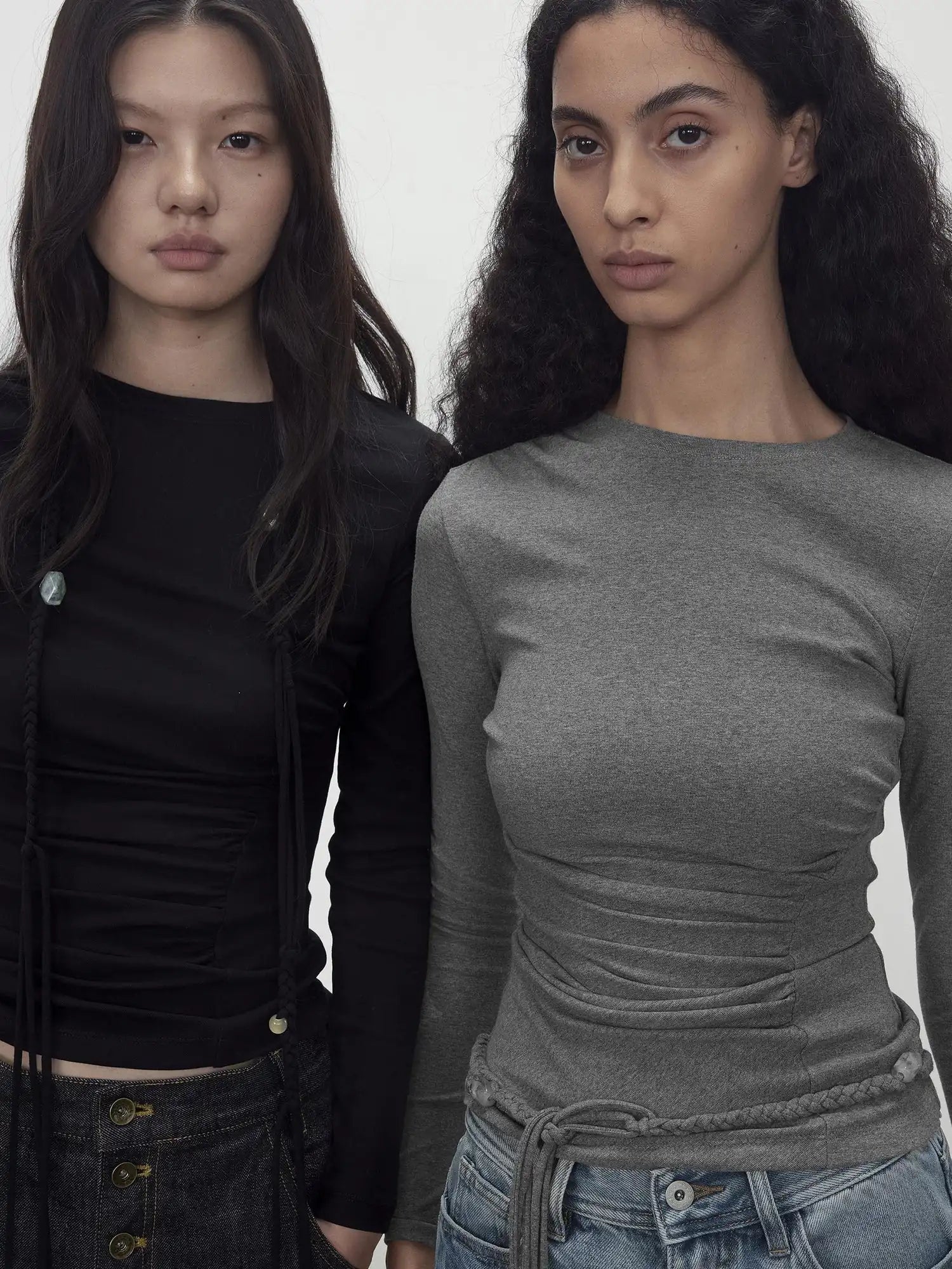 Asymmetric Neckline Pleated Top With Detachable Beaded Tie