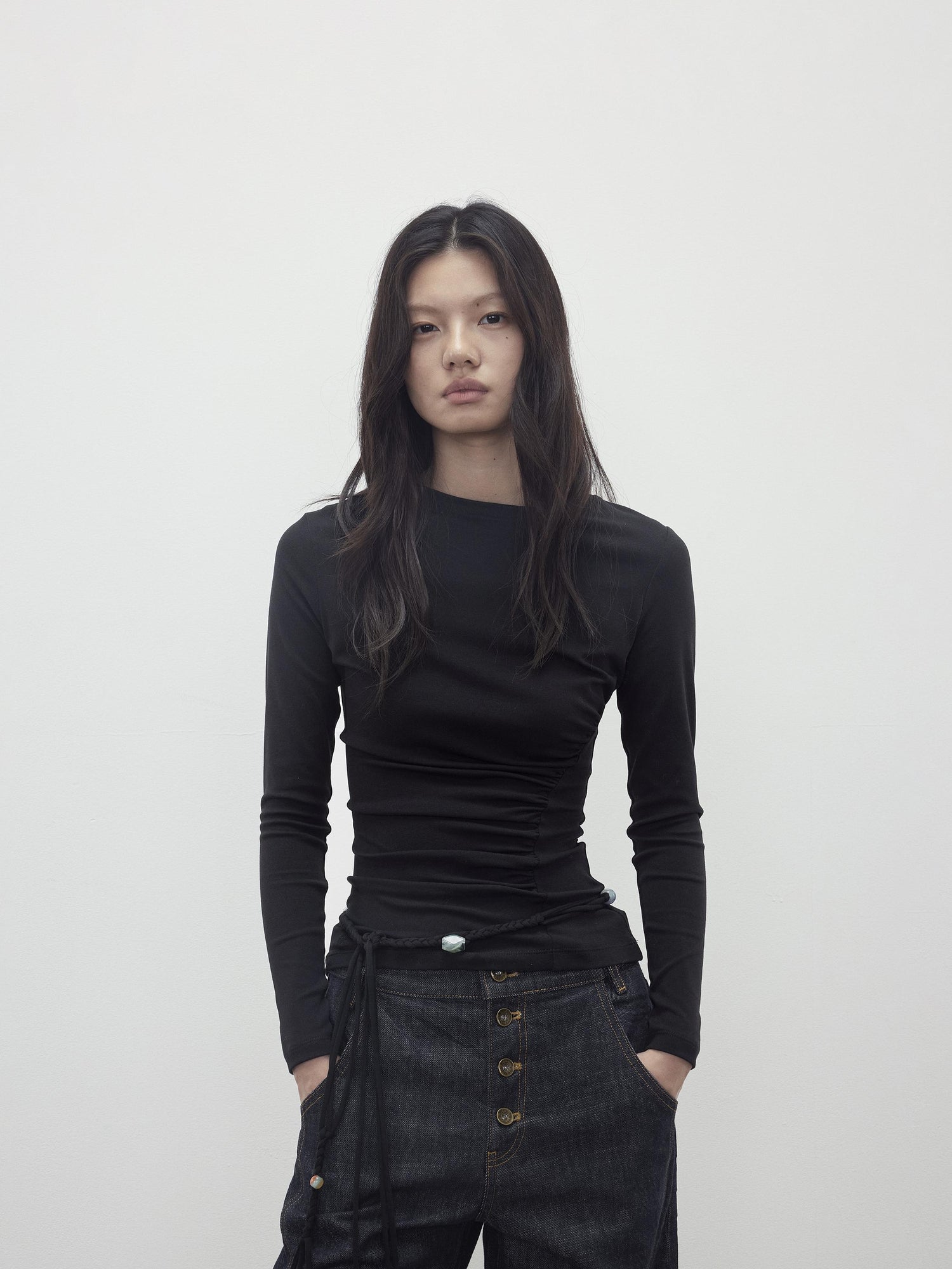 AFTADAWN Asymmetric Neckline Pleated Top With Detachable Beaded Tie
