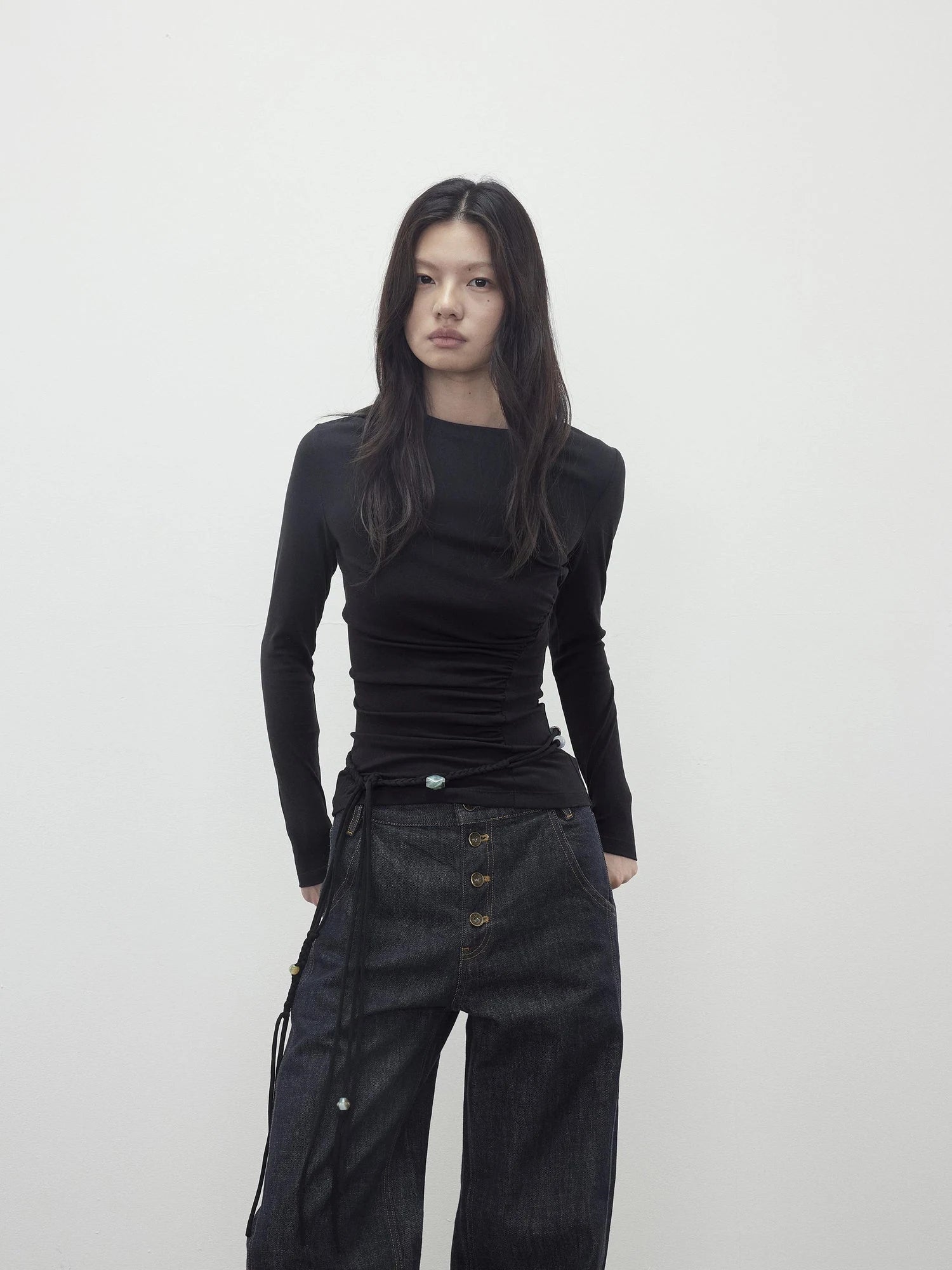 Asymmetric Neckline Pleated Top With Detachable Beaded Tie