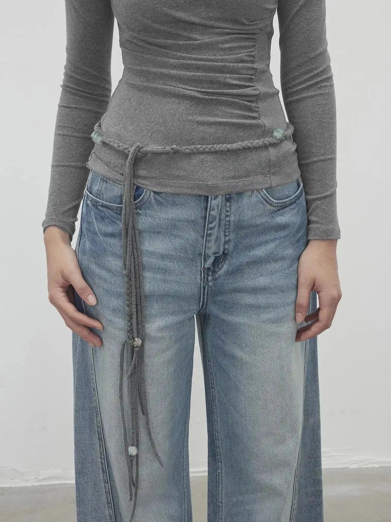 Asymmetric Neckline Pleated Top With Detachable Beaded Tie