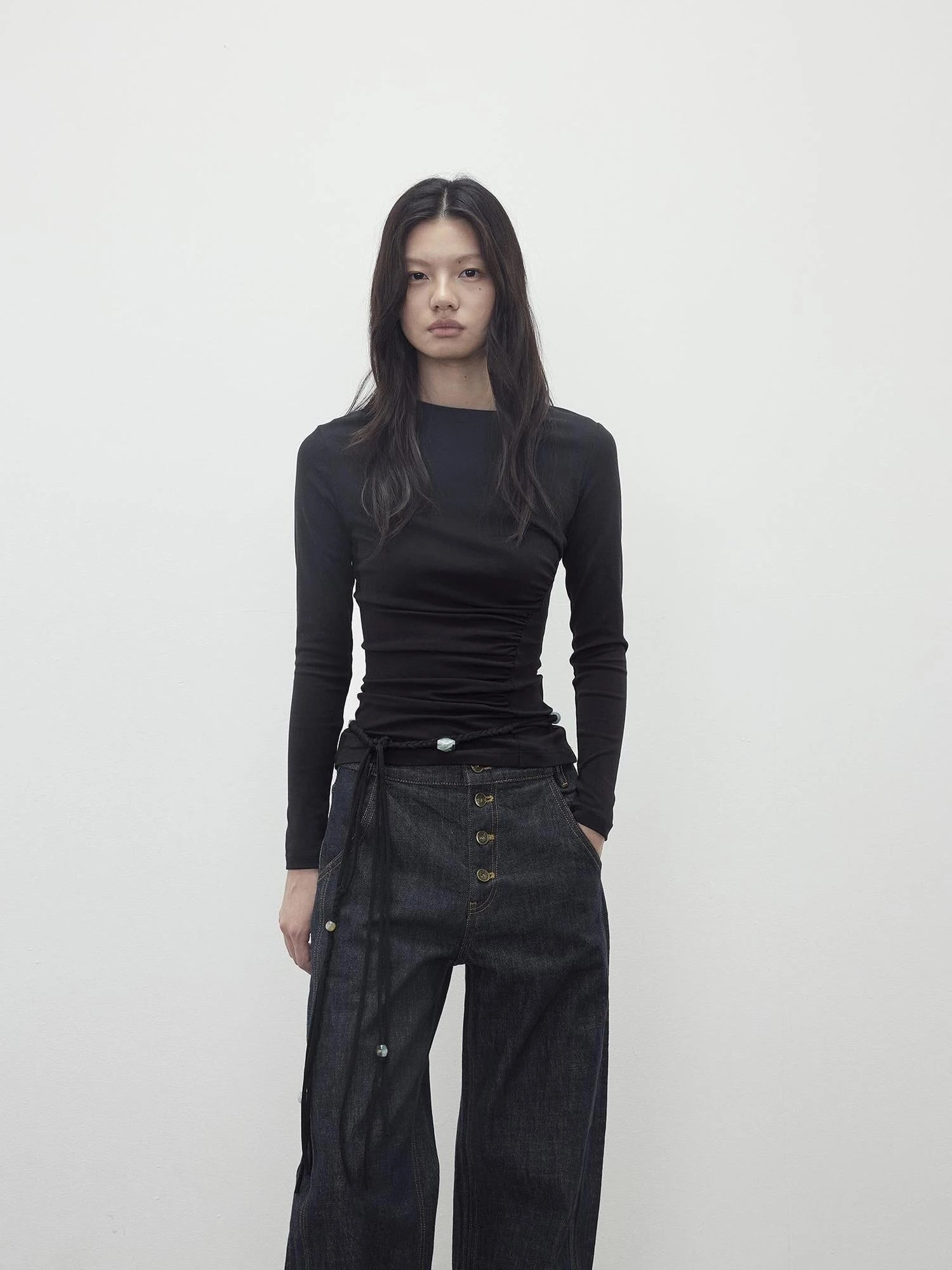 Asymmetric Neckline Pleated Top With Detachable Beaded Tie