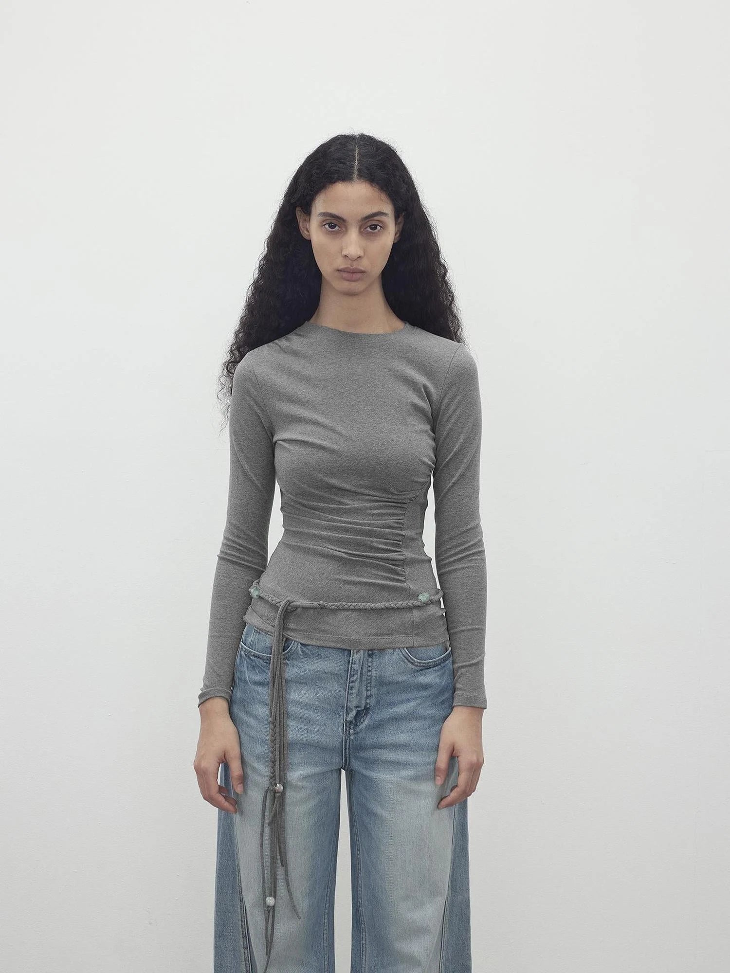 Asymmetric Neckline Pleated Top With Detachable Beaded Tie