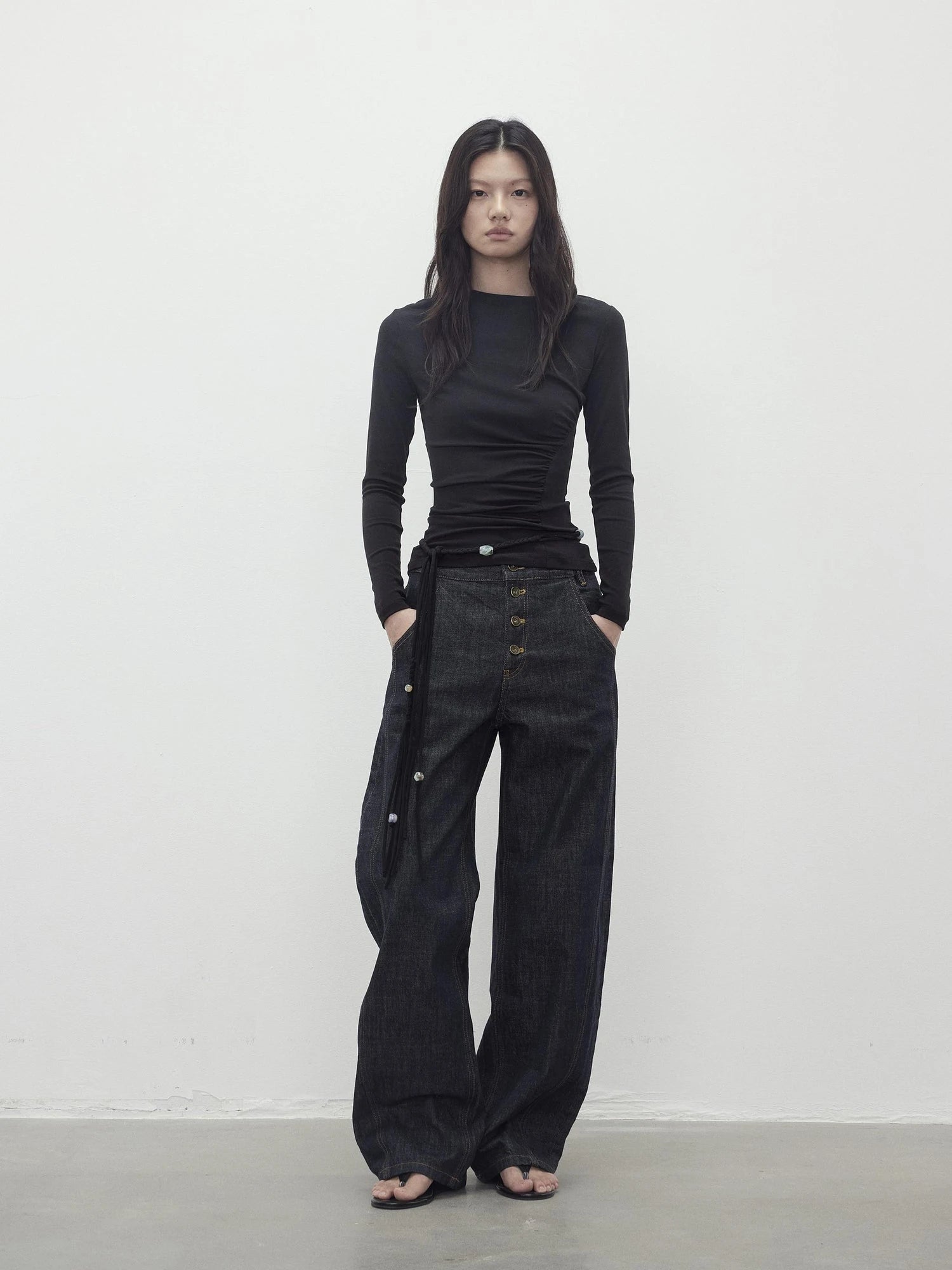 Asymmetric Neckline Pleated Top With Detachable Beaded Tie