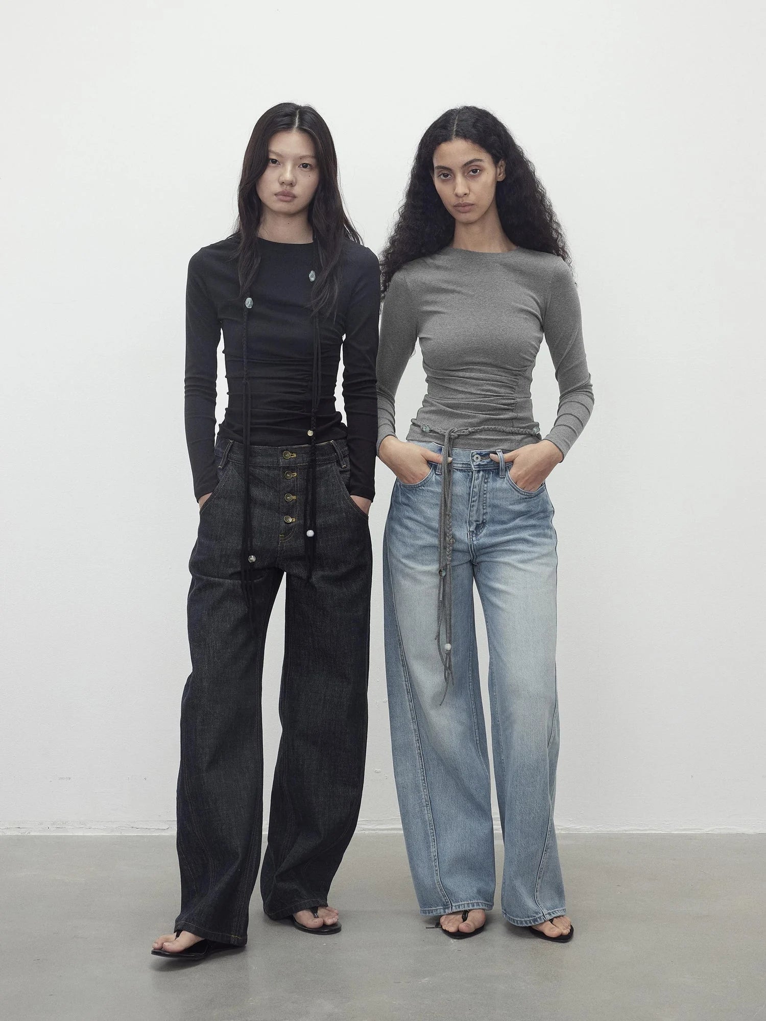 Asymmetric Neckline Pleated Top With Detachable Beaded Tie