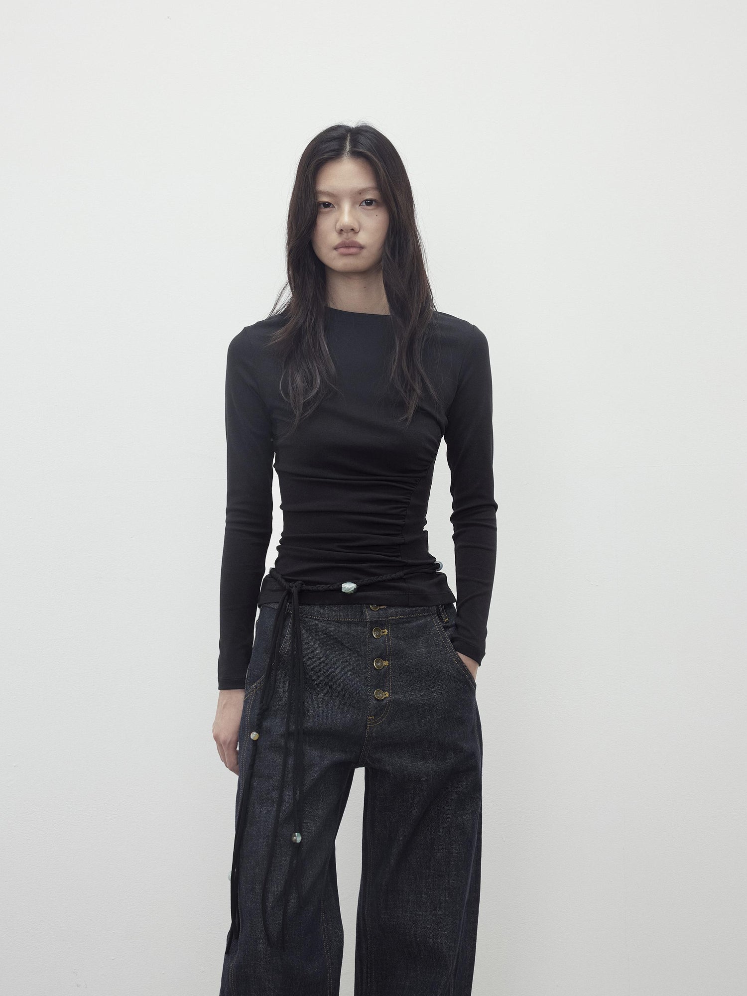 AFTADAWN Asymmetric Neckline Pleated Top With Detachable Beaded Tie