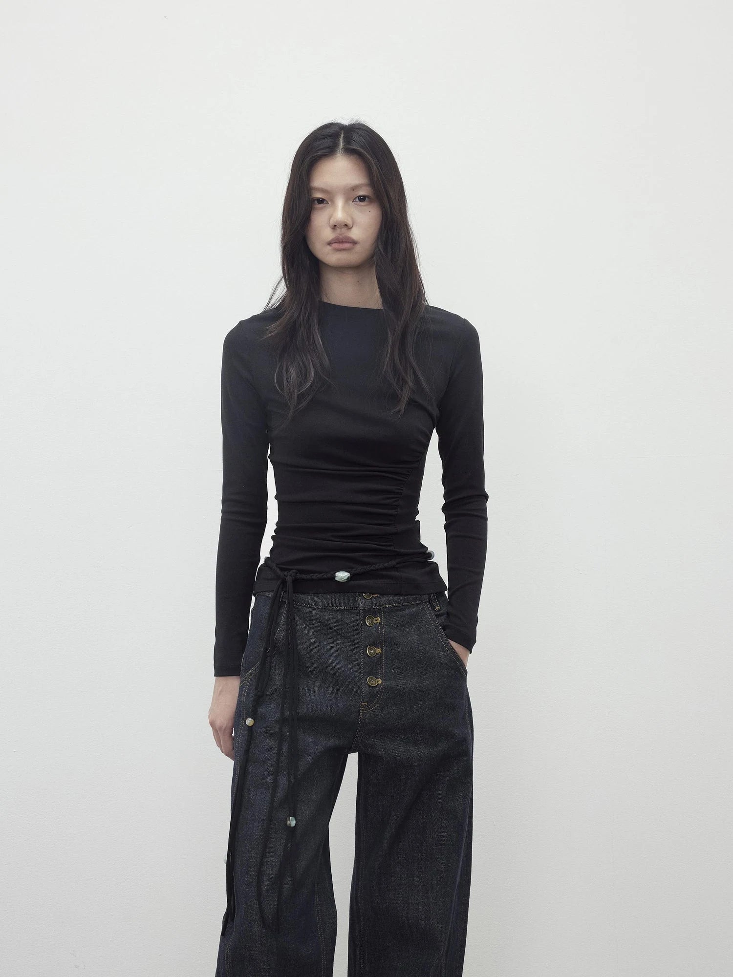 Asymmetric Neckline Pleated Top With Detachable Beaded Tie