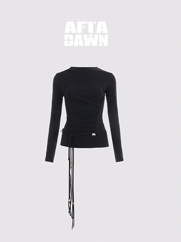 Asymmetric Neckline Pleated Top With Detachable Beaded Tie