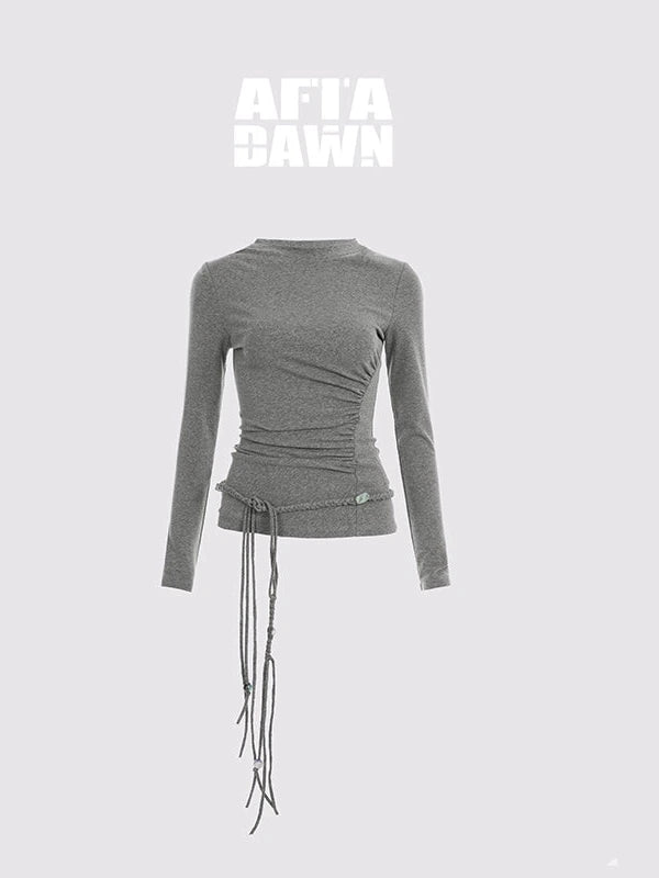 Asymmetric Neckline Pleated Top With Detachable Beaded Tie