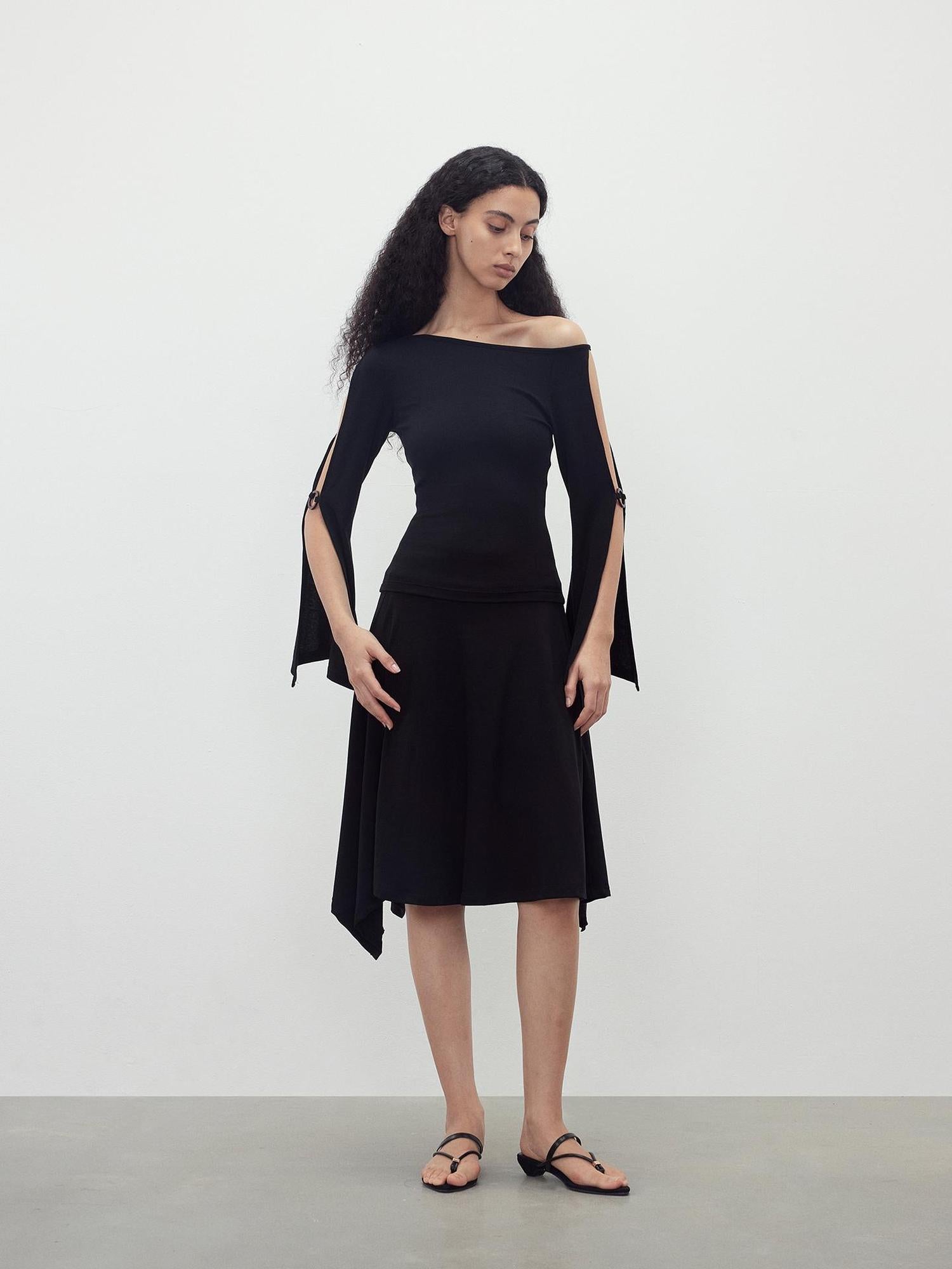 AFTADAWN Asymmetric Off Shoulder Merino Wool Top With Wood Ring Sleeve Detail