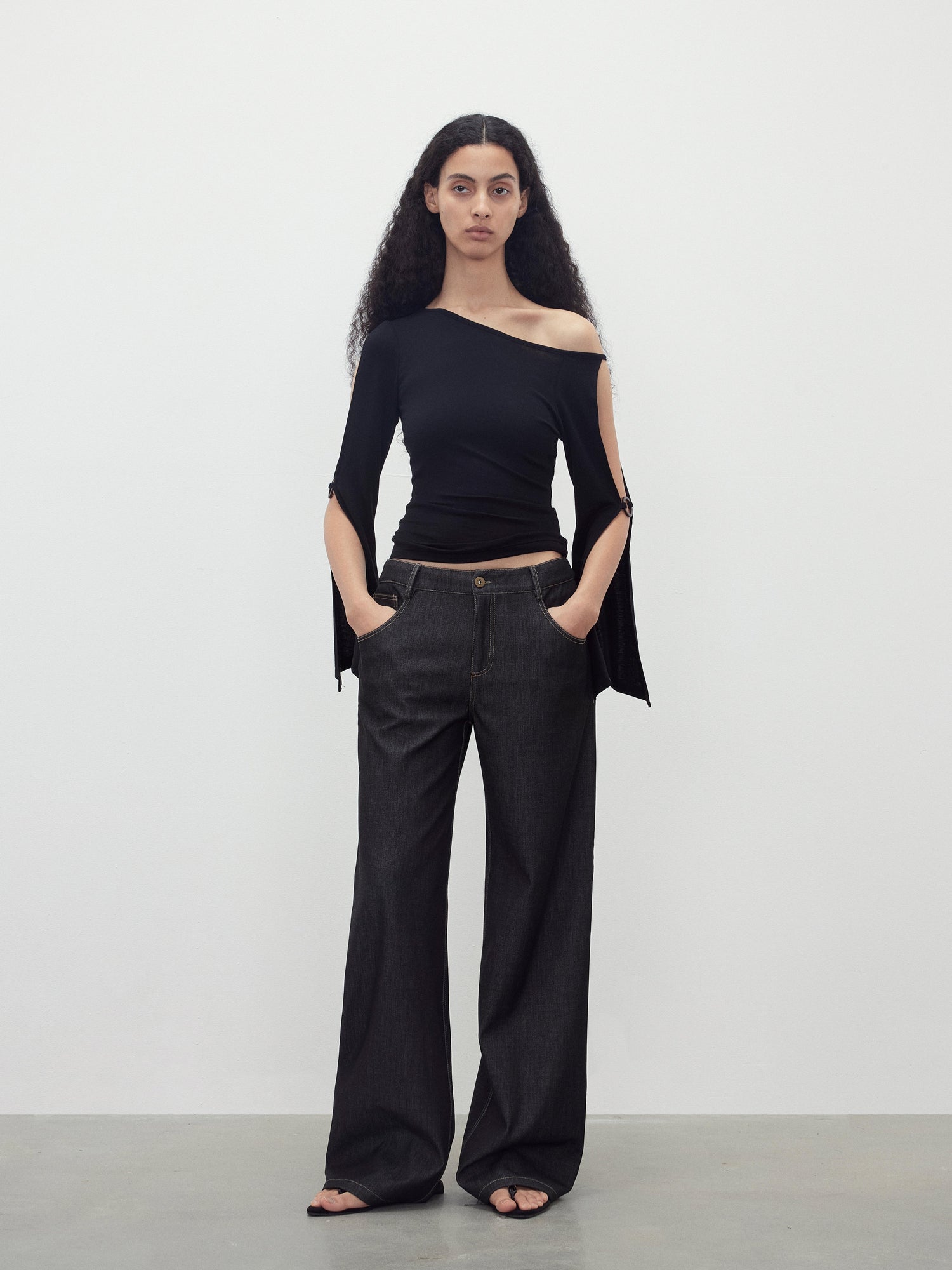 AFTADAWN Asymmetric Off Shoulder Merino Wool Top With Wood Ring Sleeve Detail