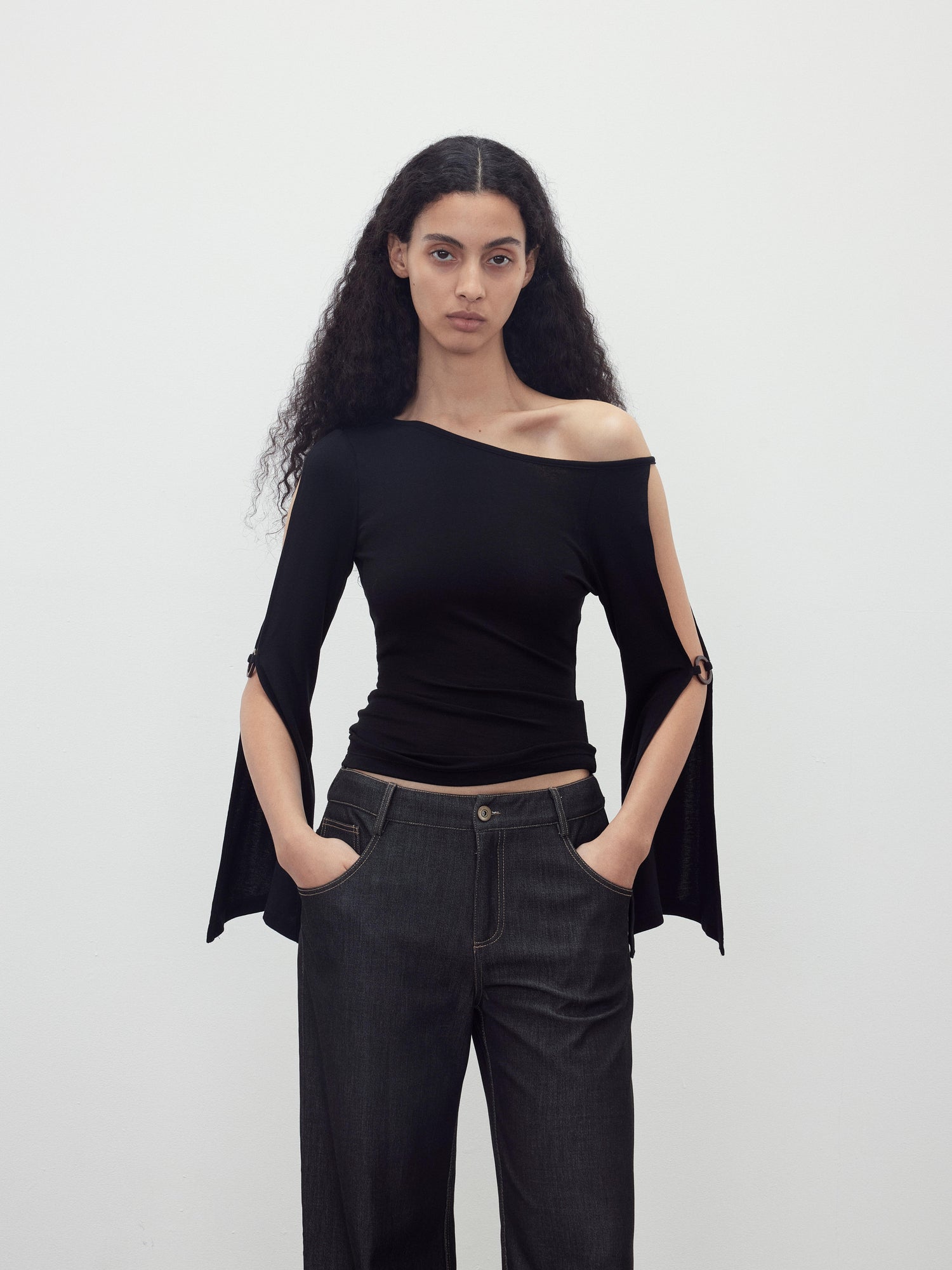 AFTADAWN Asymmetric Off Shoulder Merino Wool Top With Wood Ring Sleeve Detail