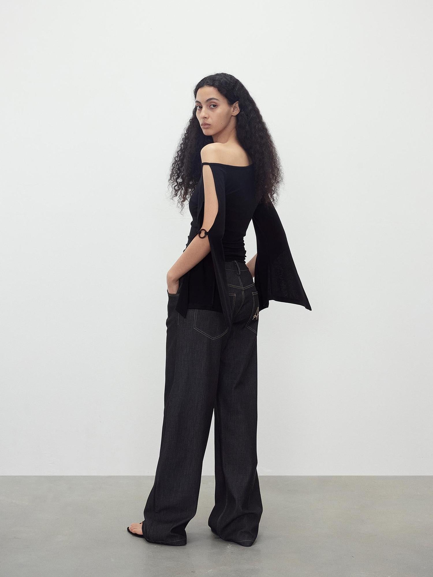 AFTADAWN Asymmetric Off Shoulder Merino Wool Top With Wood Ring Sleeve Detail