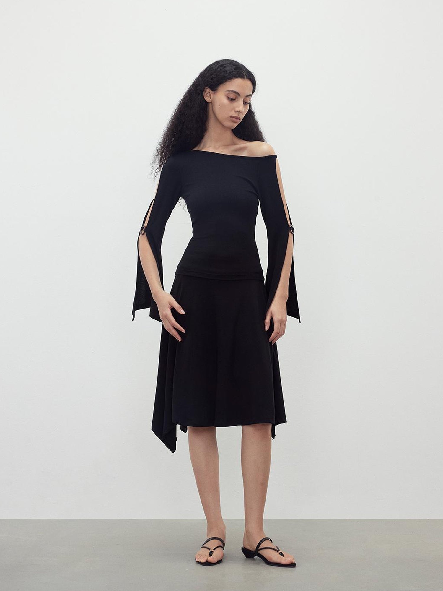 AFTADAWN Asymmetric Off Shoulder Merino Wool Top With Wood Ring Sleeve Detail