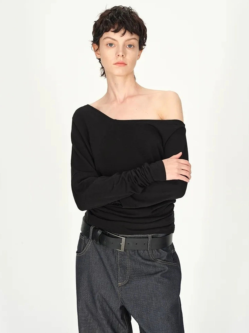 AFTADAWN Asymmetric Off Shoulder Wool Tencel Top T-shirt