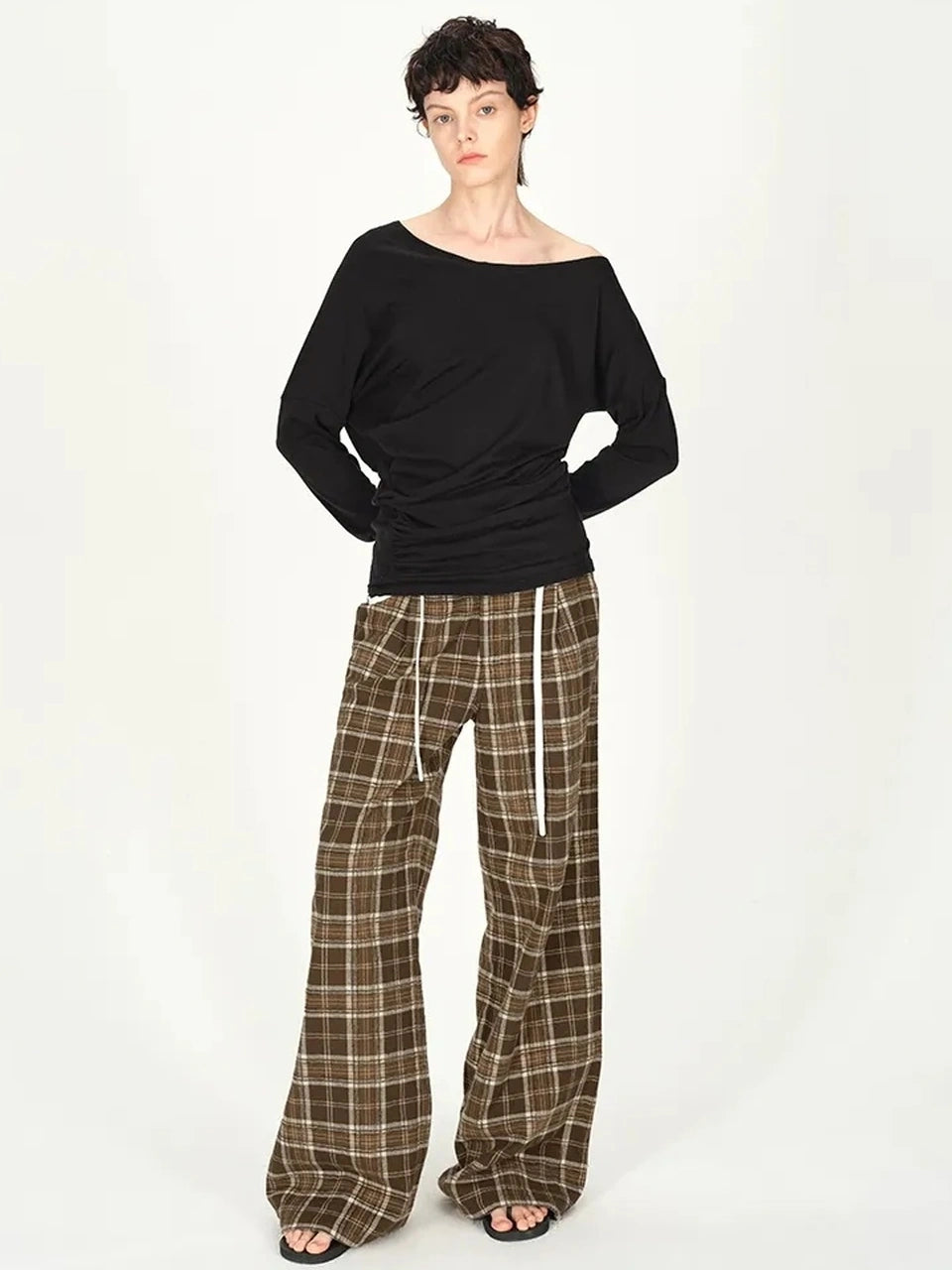 AFTADAWN Asymmetric Off Shoulder Wool Tencel Top T-shirt