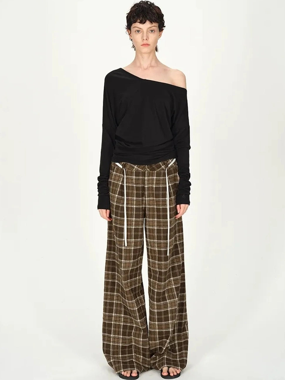 AFTADAWN Asymmetric Off Shoulder Wool Tencel Top T-shirt