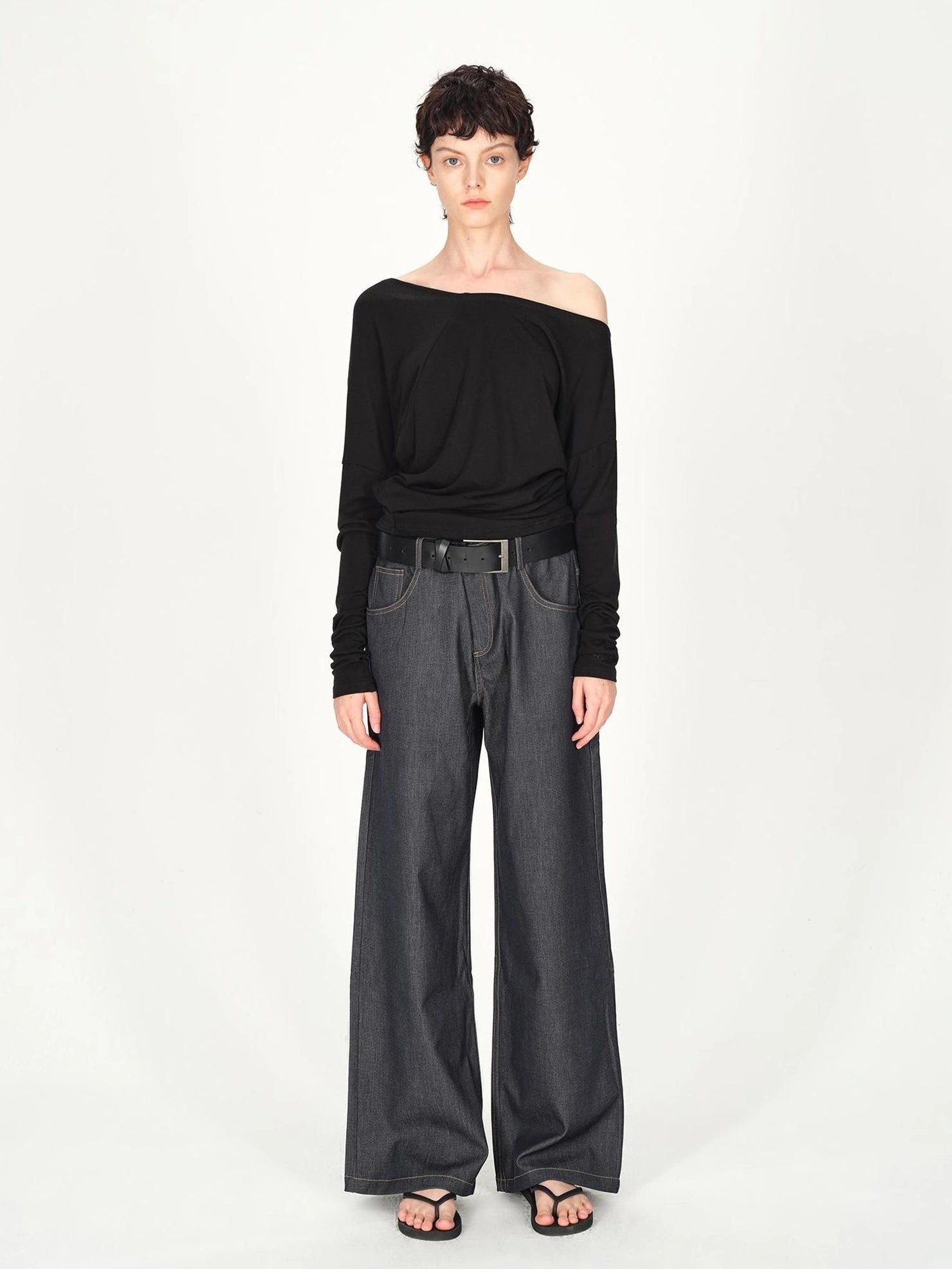 AFTADAWN Asymmetric Off Shoulder Wool Tencel Top T-shirt