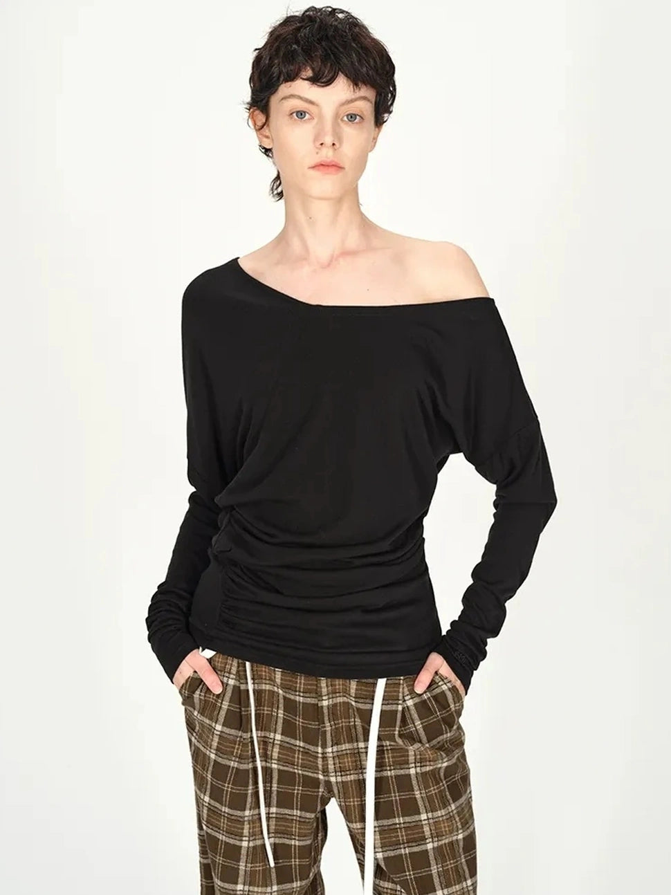 AFTADAWN Asymmetric Off Shoulder Wool Tencel Top T-shirt