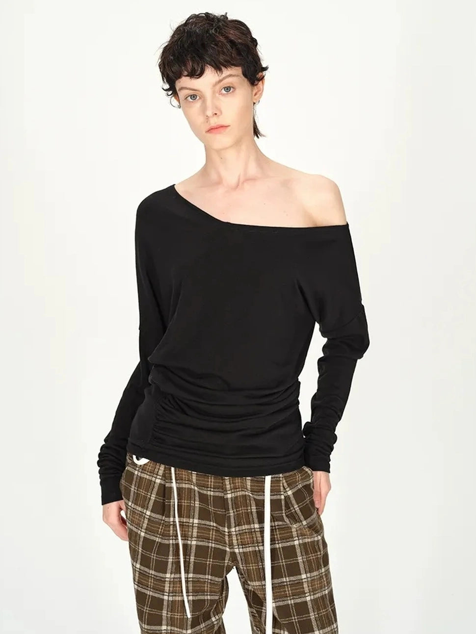 AFTADAWN Asymmetric Off Shoulder Wool Tencel Top T-shirt