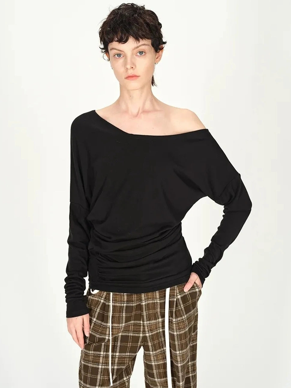 AFTADAWN Asymmetric Off Shoulder Wool Tencel Top T-shirt