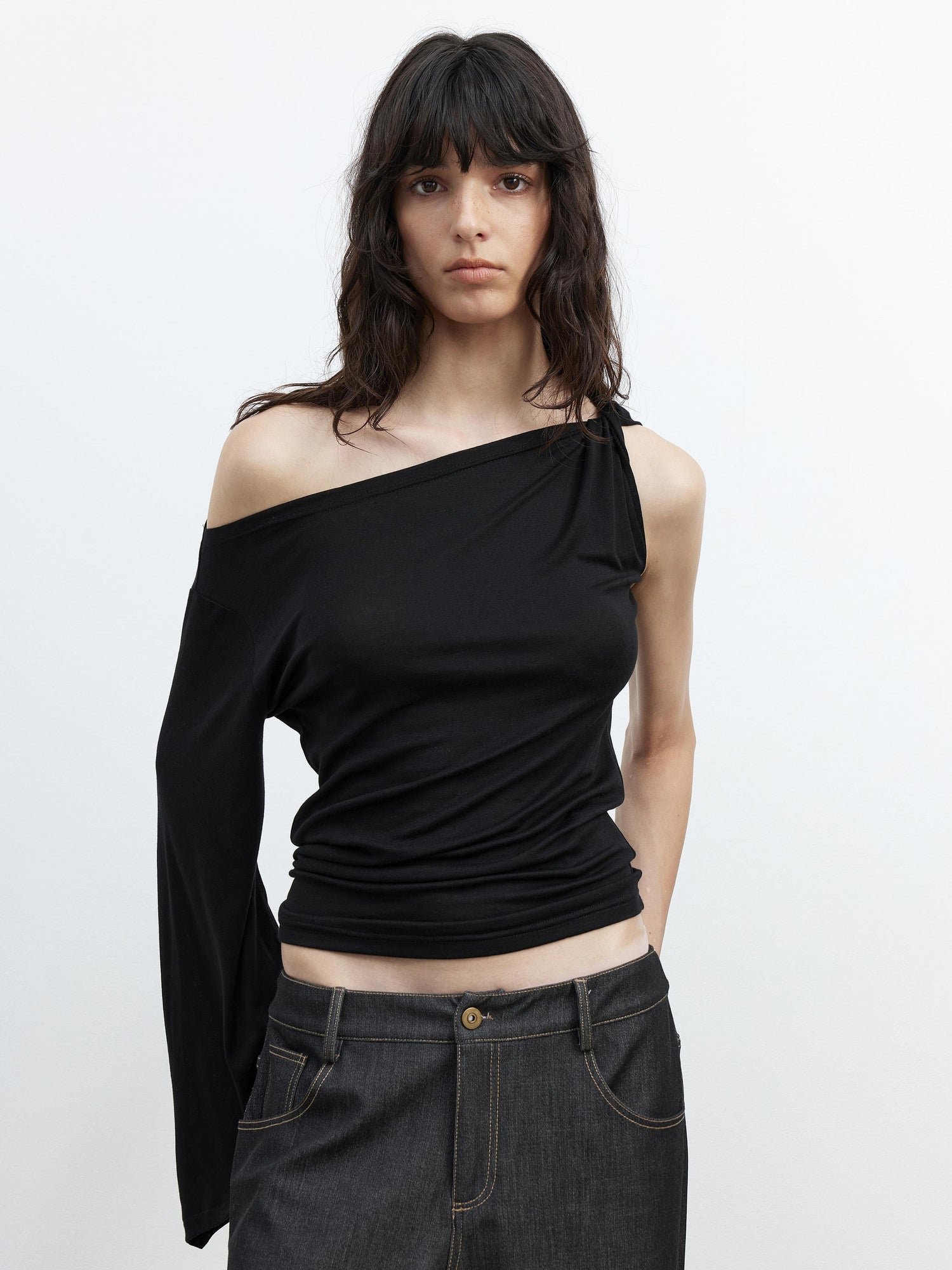 AFTADAWN Asymmetric One Shoulder Merino Wool Fitted Top