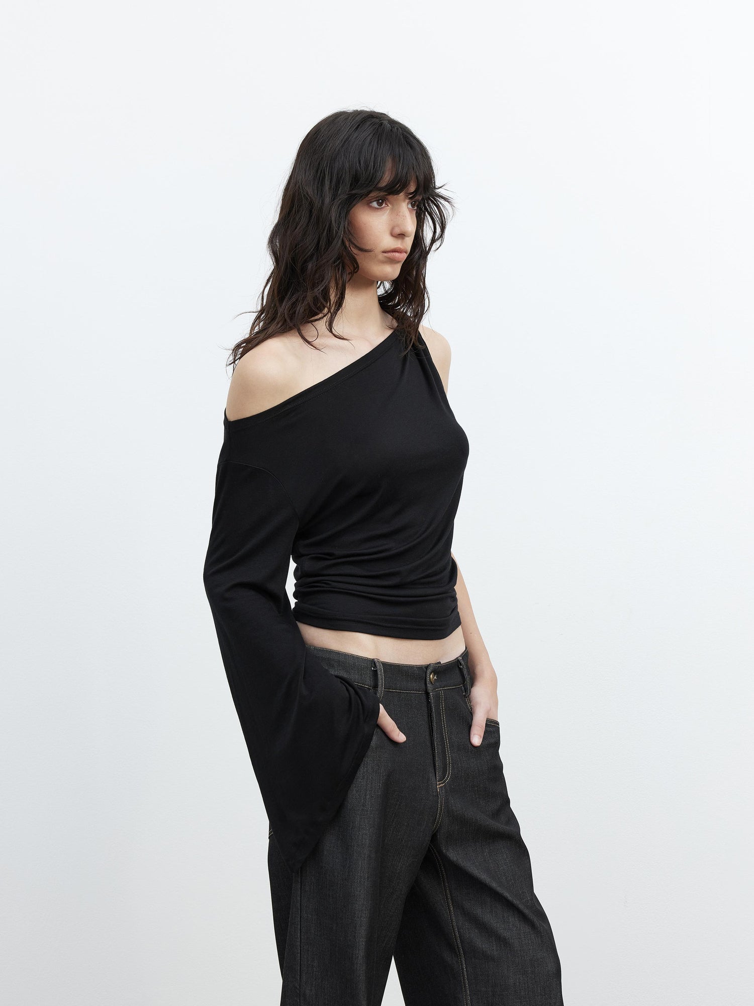 AFTADAWN Asymmetric One Shoulder Merino Wool Fitted Top