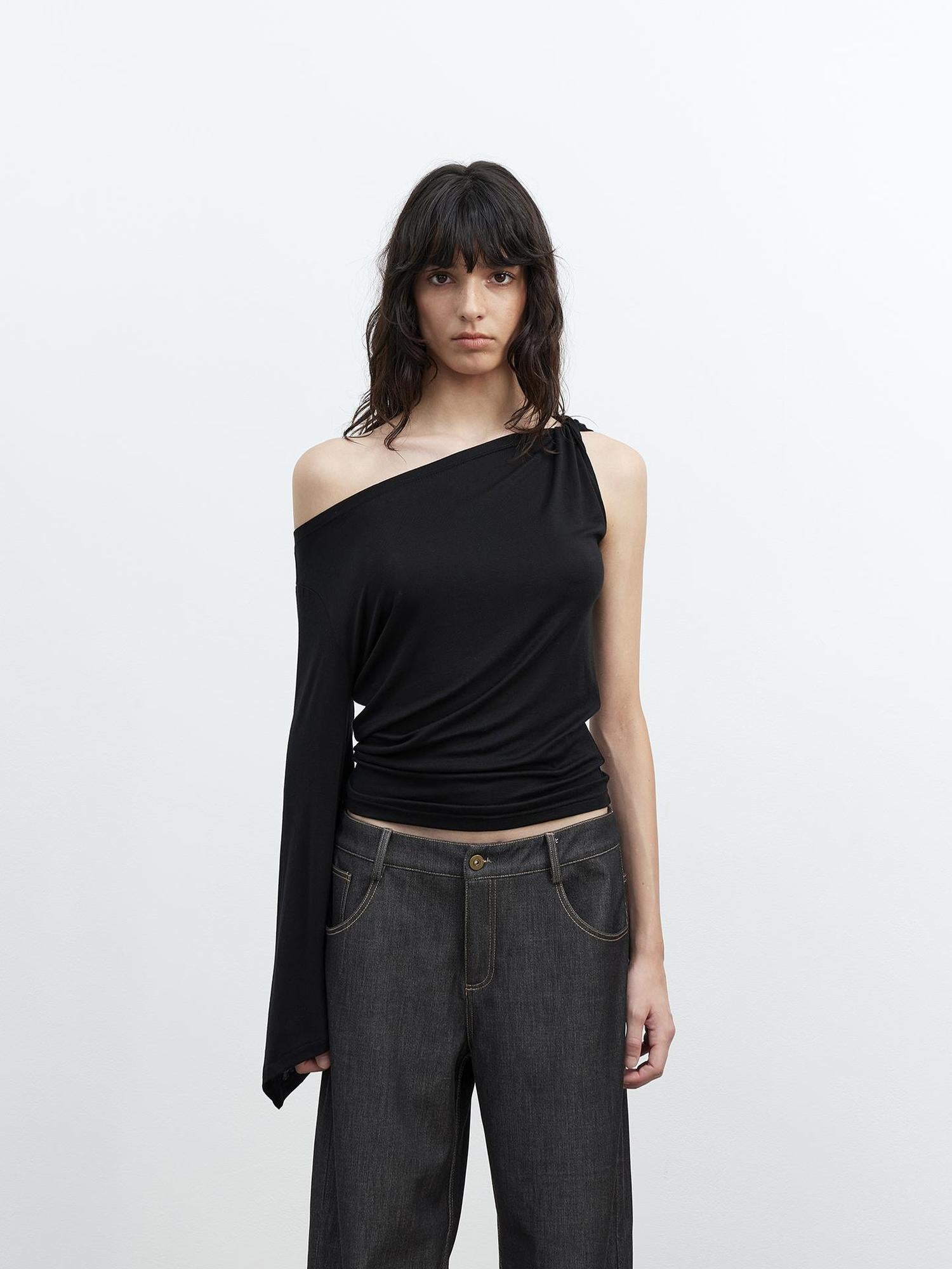 AFTADAWN Asymmetric One Shoulder Merino Wool Fitted Top