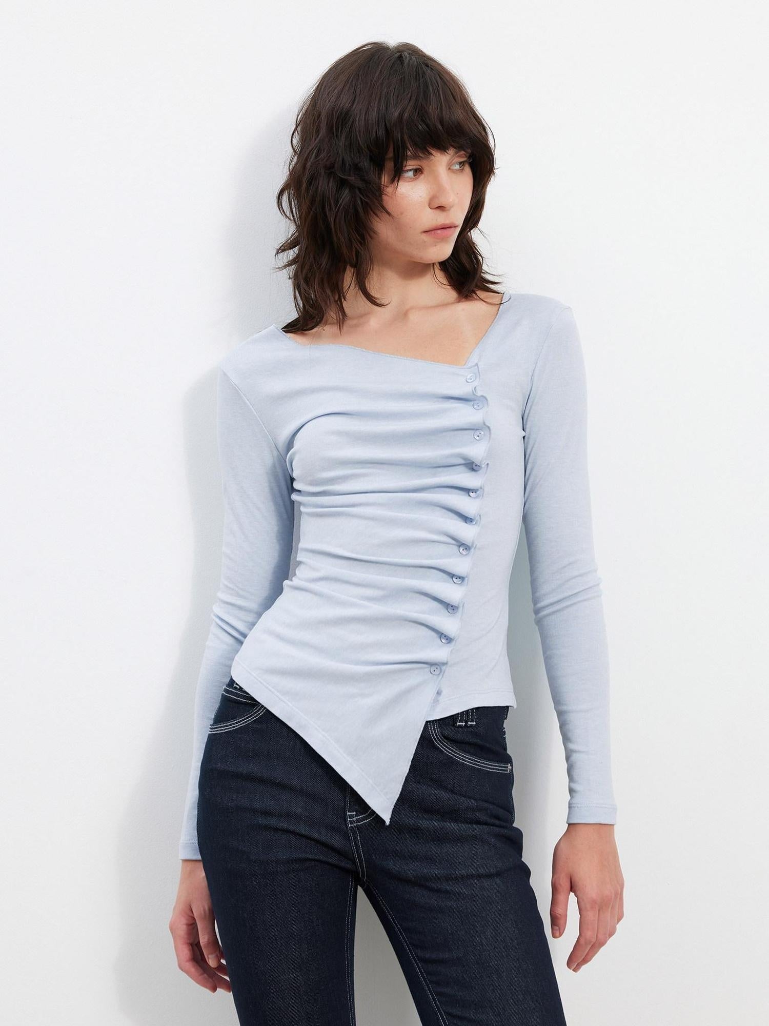 AFTADAWN Asymmetric Pleated Slim Waist Commuter Long Sleeve Blue Lyocell Women T-Shirt