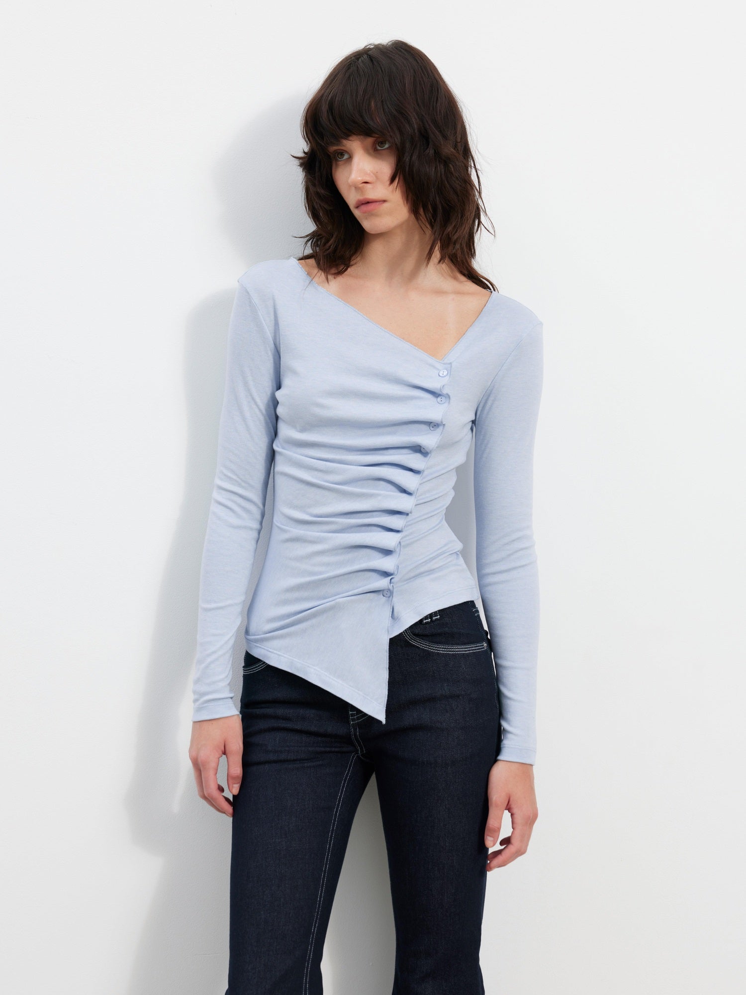 AFTADAWN Asymmetric Pleated Slim Waist Commuter Long Sleeve Blue Lyocell Women T-Shirt