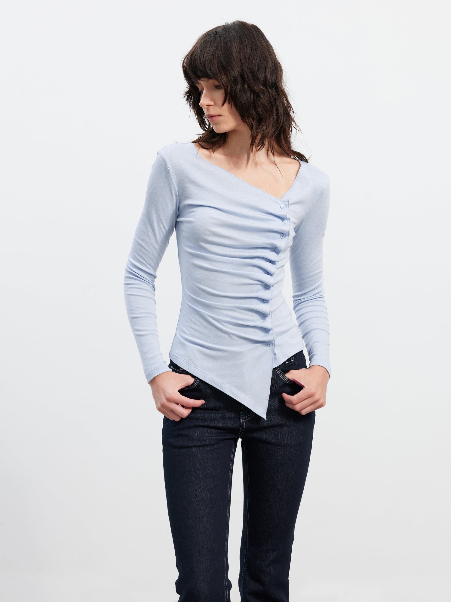 AFTADAWN Asymmetric Pleated Slim Waist Commuter Long Sleeve Blue Lyocell Women T-Shirt