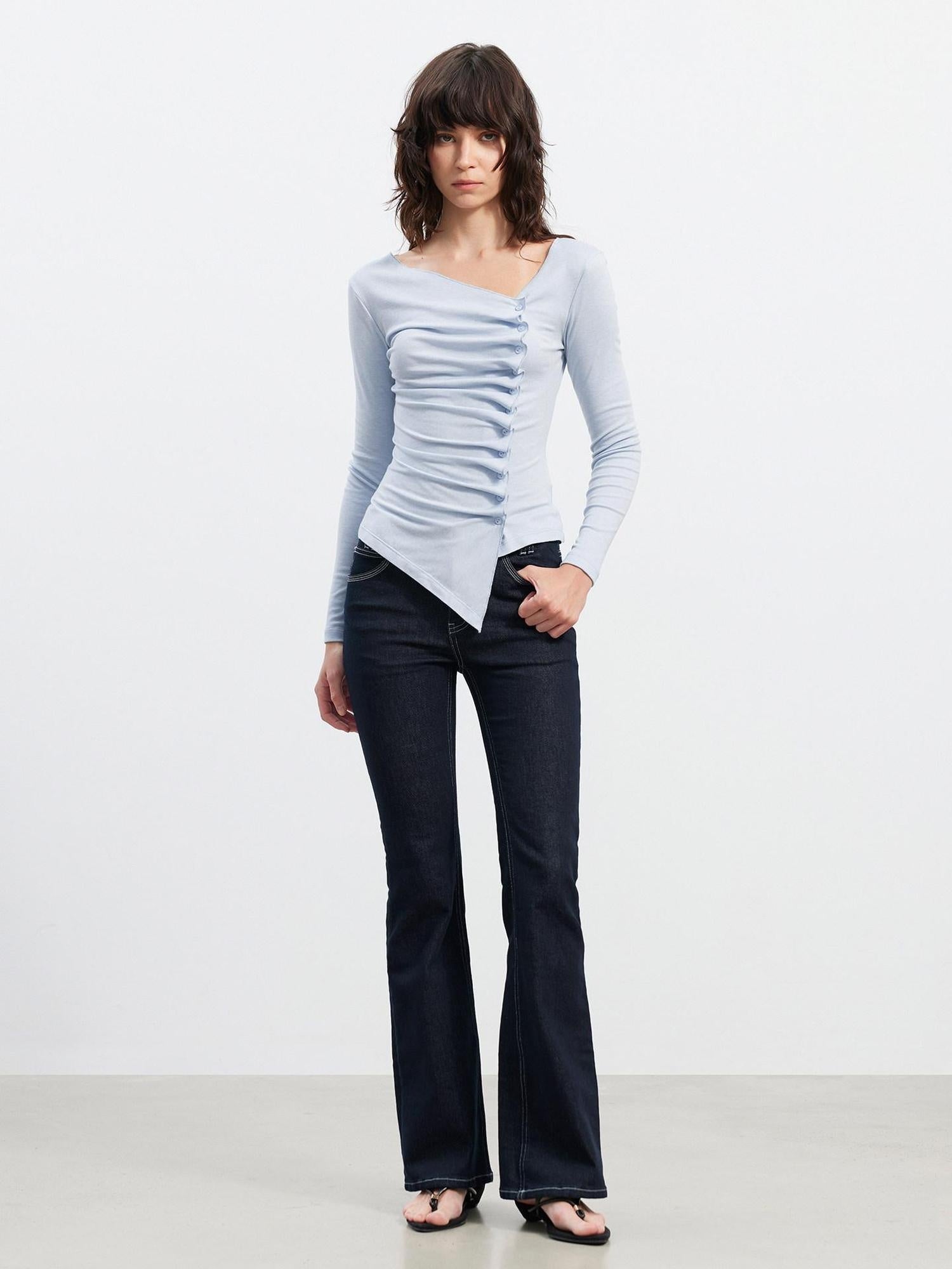 AFTADAWN Asymmetric Pleated Slim Waist Commuter Long Sleeve Blue Lyocell Women T-Shirt