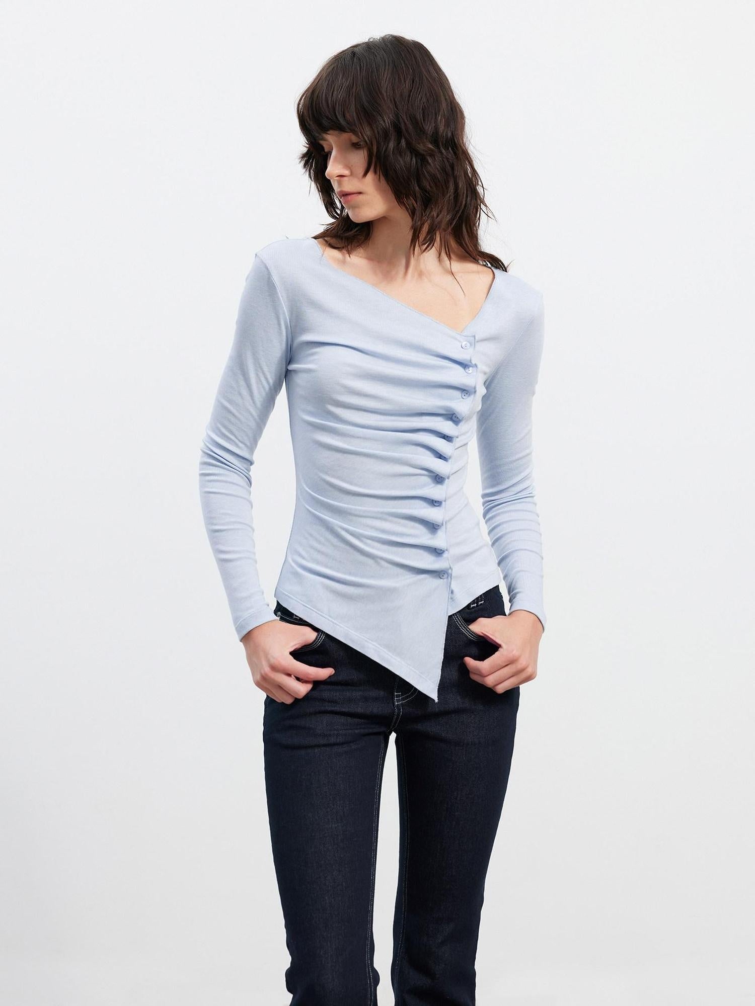 AFTADAWN Asymmetric Pleated Slim Waist Commuter Long Sleeve Blue Lyocell Women T-Shirt