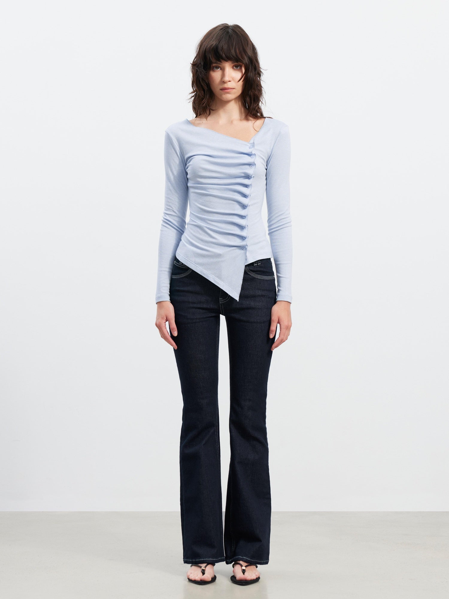 AFTADAWN Asymmetric Pleated Slim Waist Commuter Long Sleeve Blue Lyocell Women T-Shirt