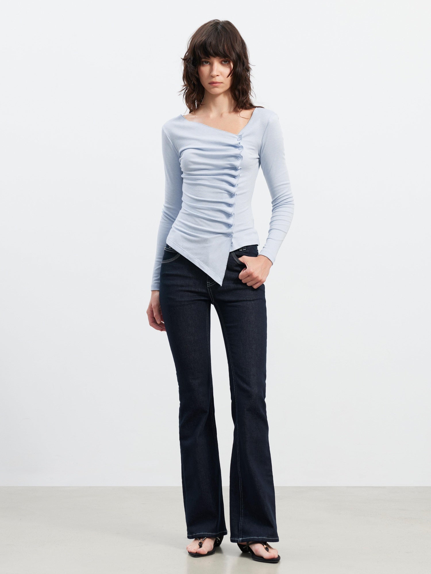 AFTADAWN Asymmetric Pleated Slim Waist Commuter Long Sleeve Blue Lyocell Women T-Shirt