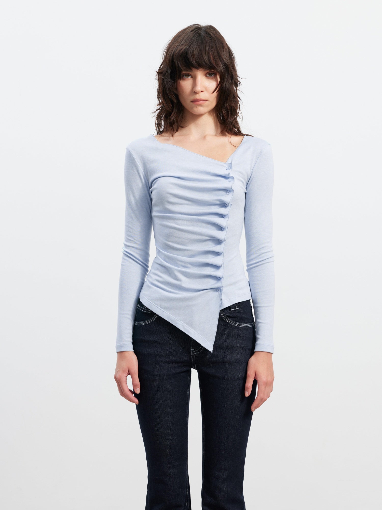 AFTADAWN Asymmetric Pleated Slim Waist Commuter Long Sleeve Blue Lyocell Women T-Shirt