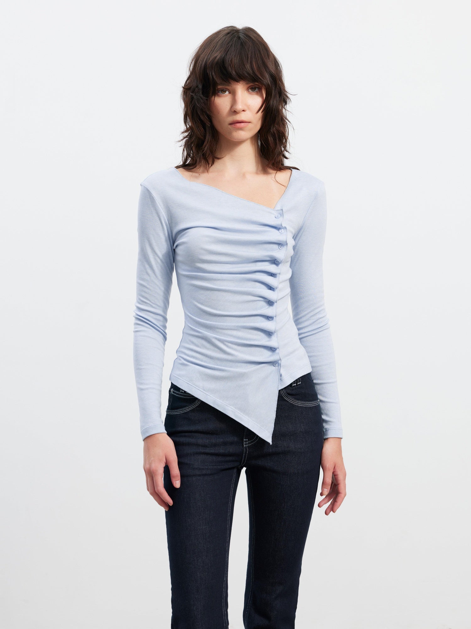 AFTADAWN Asymmetric Pleated Slim Waist Commuter Long Sleeve Blue Lyocell Women T-Shirt