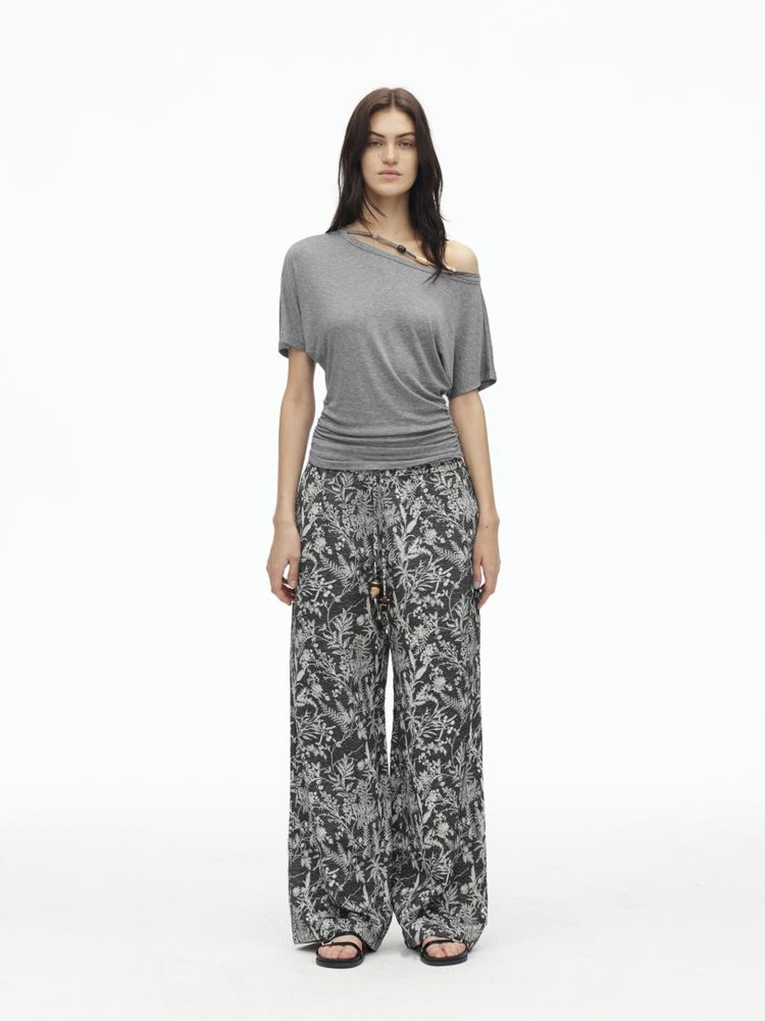 AFTADAWN Asymmetric Shoulder Beaded Lyocell Wool Top