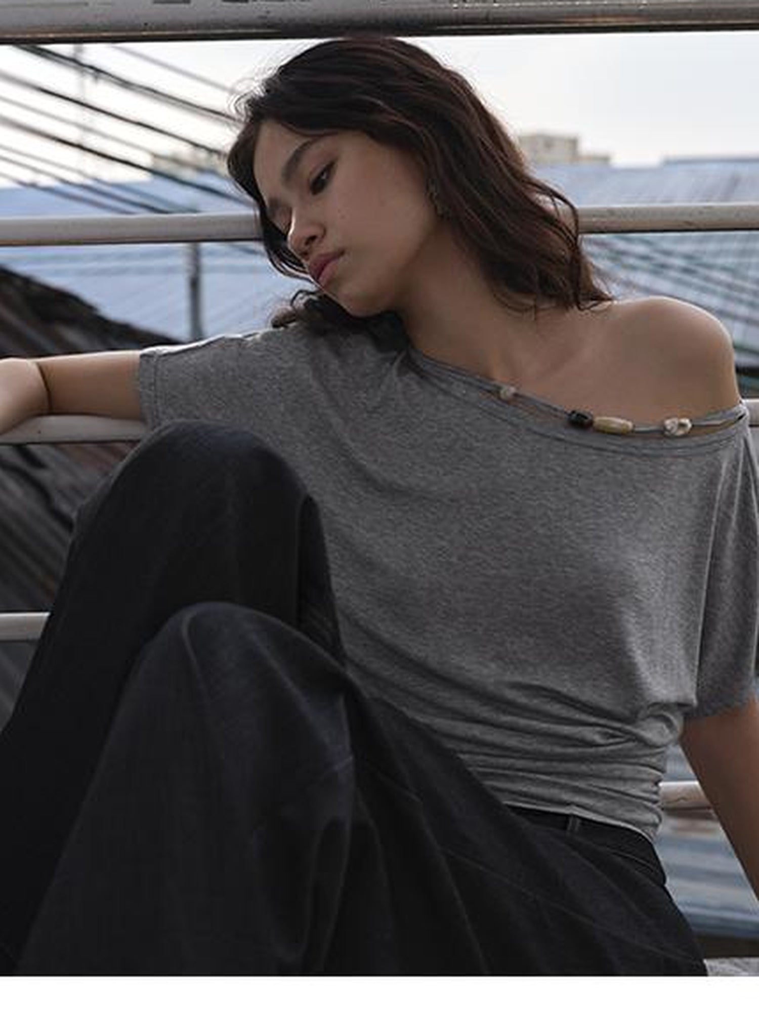 AFTADAWN Asymmetric Shoulder Beaded Lyocell Wool Top