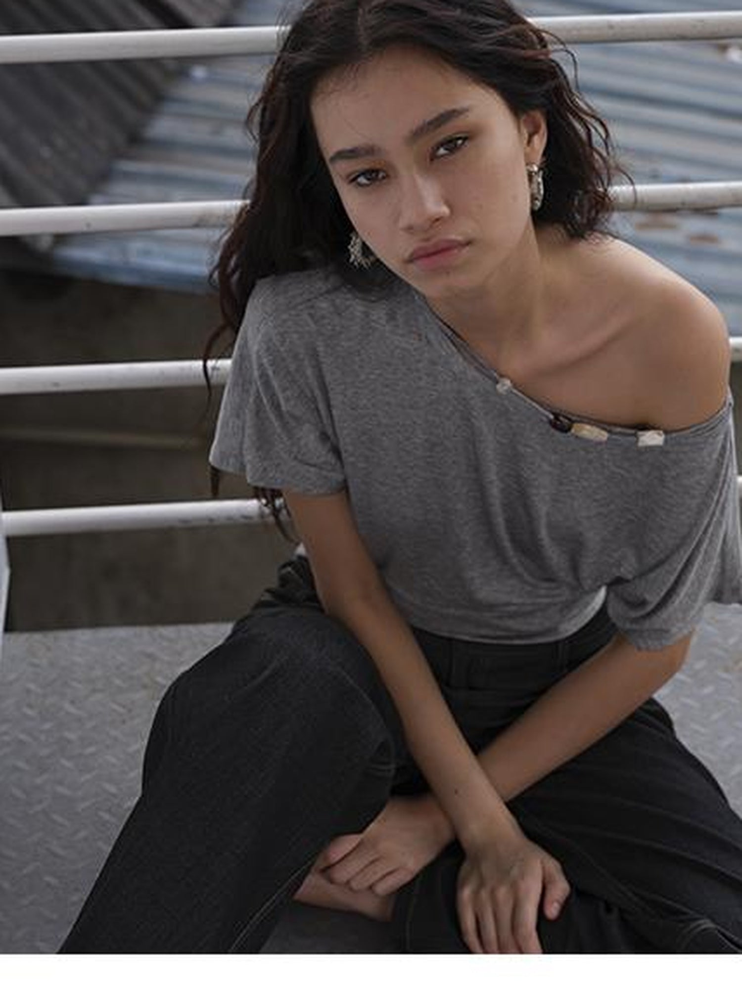 AFTADAWN Asymmetric Shoulder Beaded Lyocell Wool Top