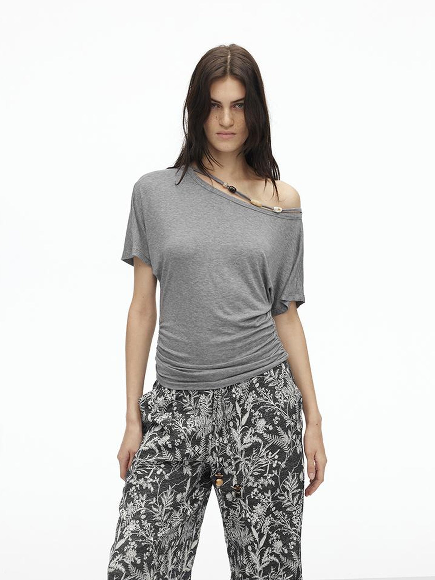 AFTADAWN Asymmetric Shoulder Beaded Lyocell Wool Top