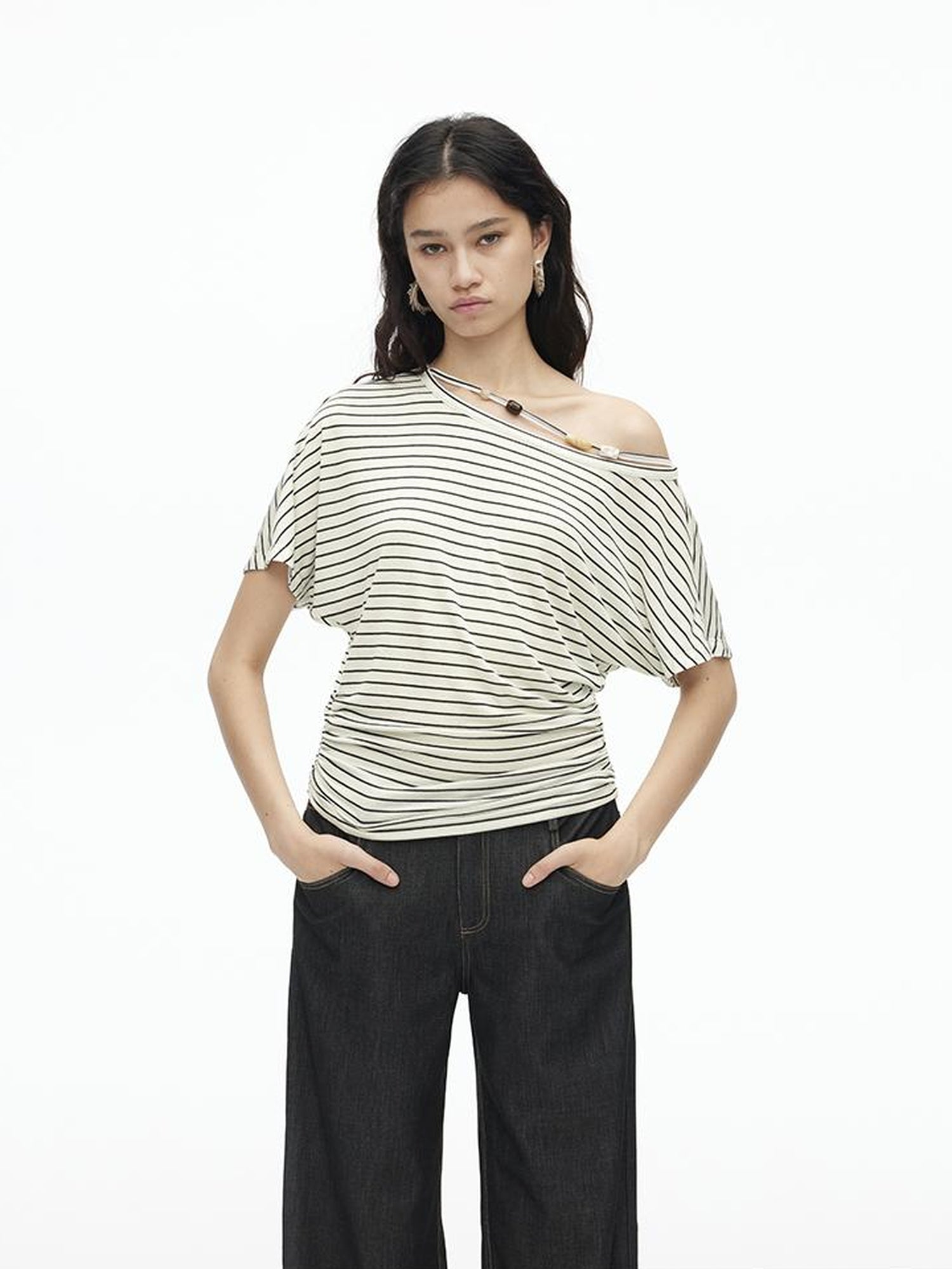 AFTADAWN Asymmetric Shoulder Beaded Lyocell Wool Top