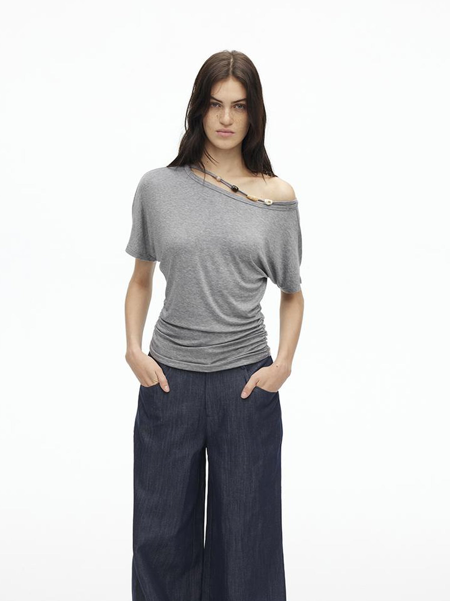 AFTADAWN Asymmetric Shoulder Beaded Lyocell Wool Top