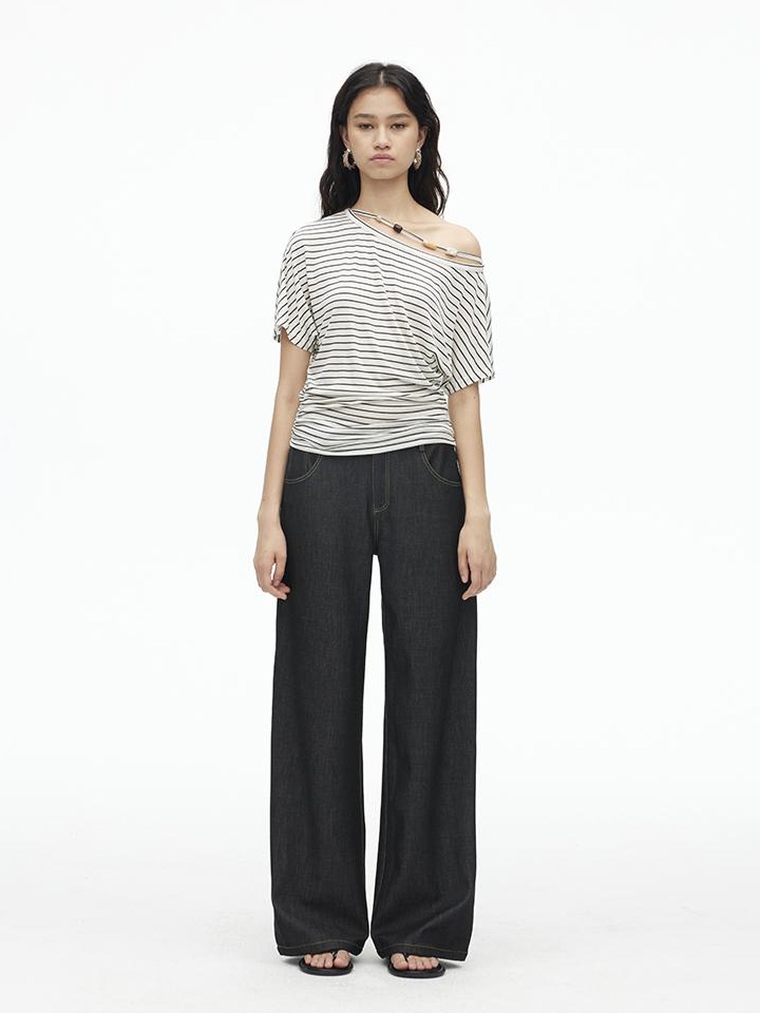 AFTADAWN Asymmetric Shoulder Beaded Lyocell Wool Top