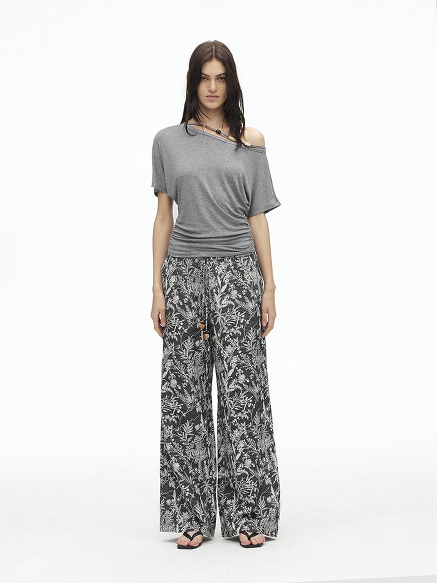 AFTADAWN Asymmetric Shoulder Beaded Lyocell Wool Top