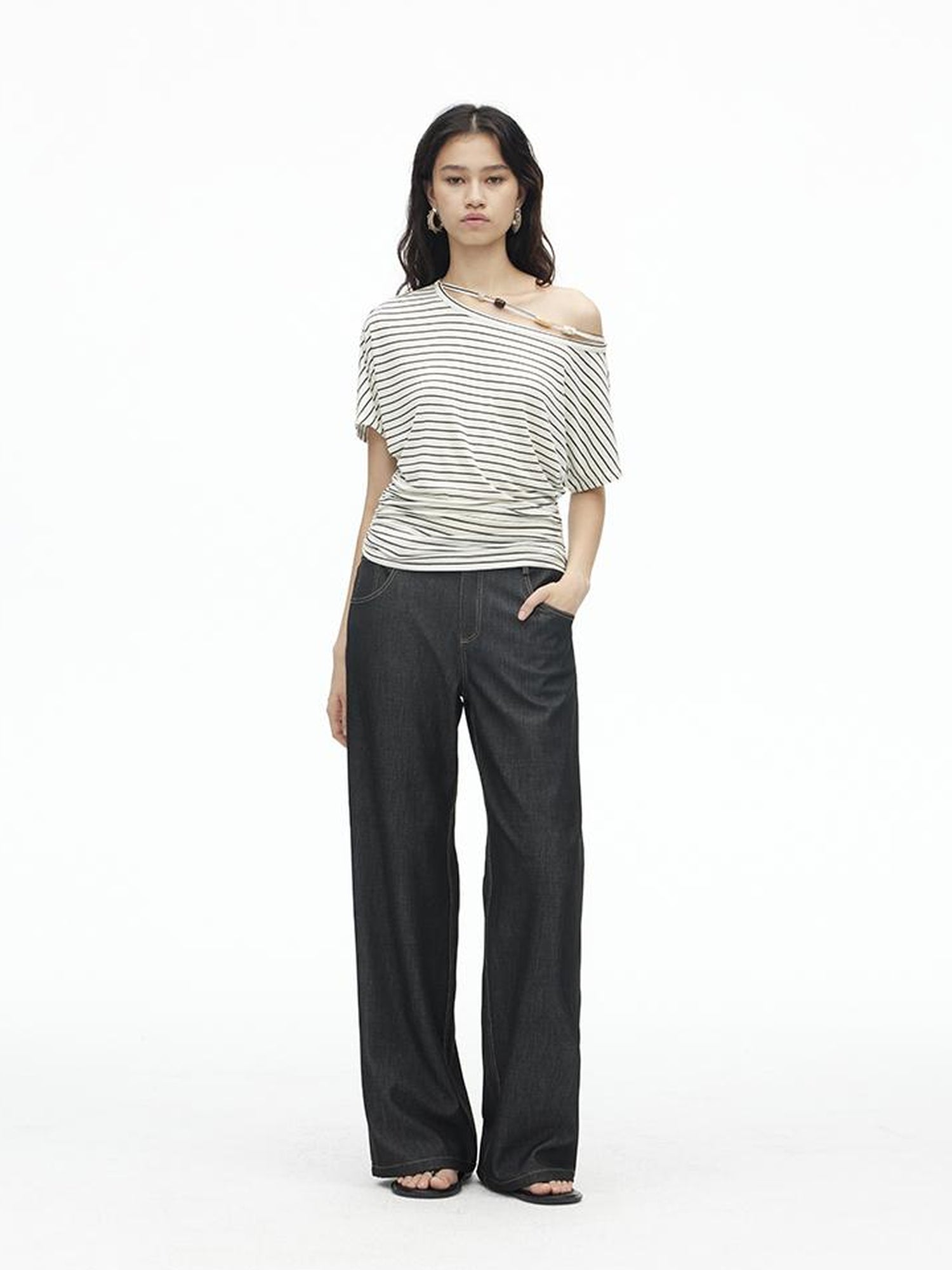 AFTADAWN Asymmetric Shoulder Beaded Lyocell Wool Top